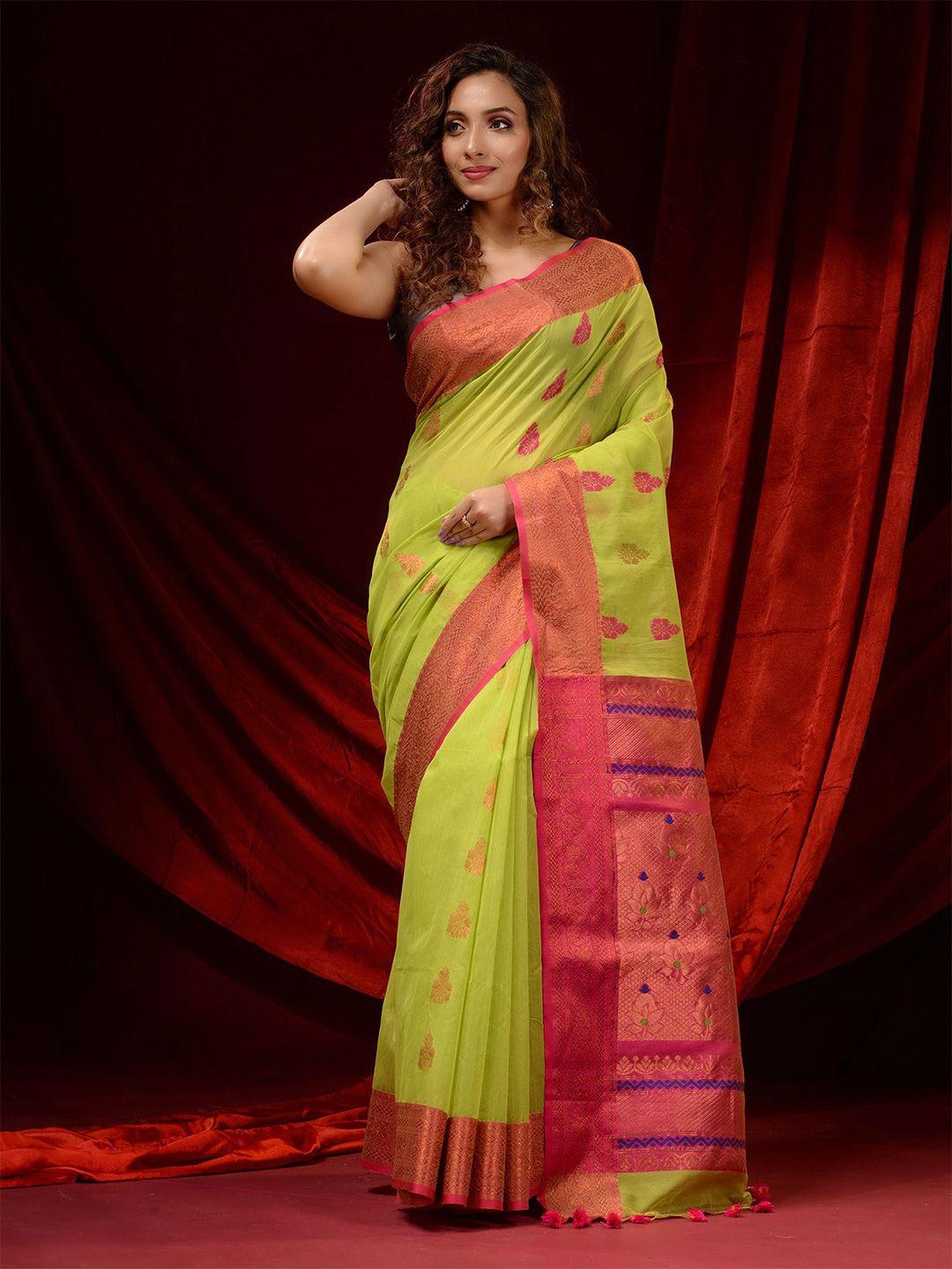 charukriti green & pink ethnic motifs zari pure silk saree