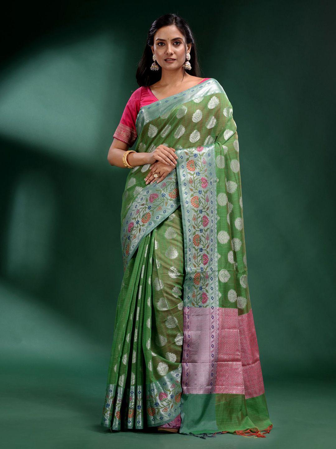 charukriti green & pink ethnic motifs zari silk blend saree