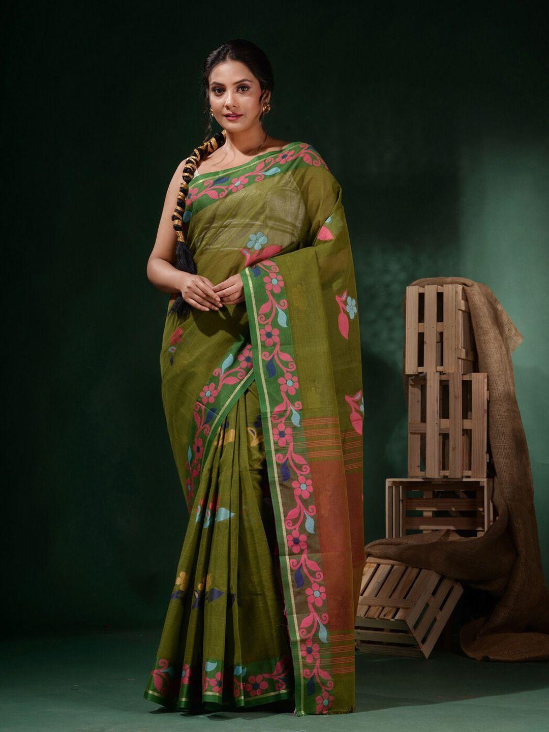 charukriti green & pink floral pure cotton saree