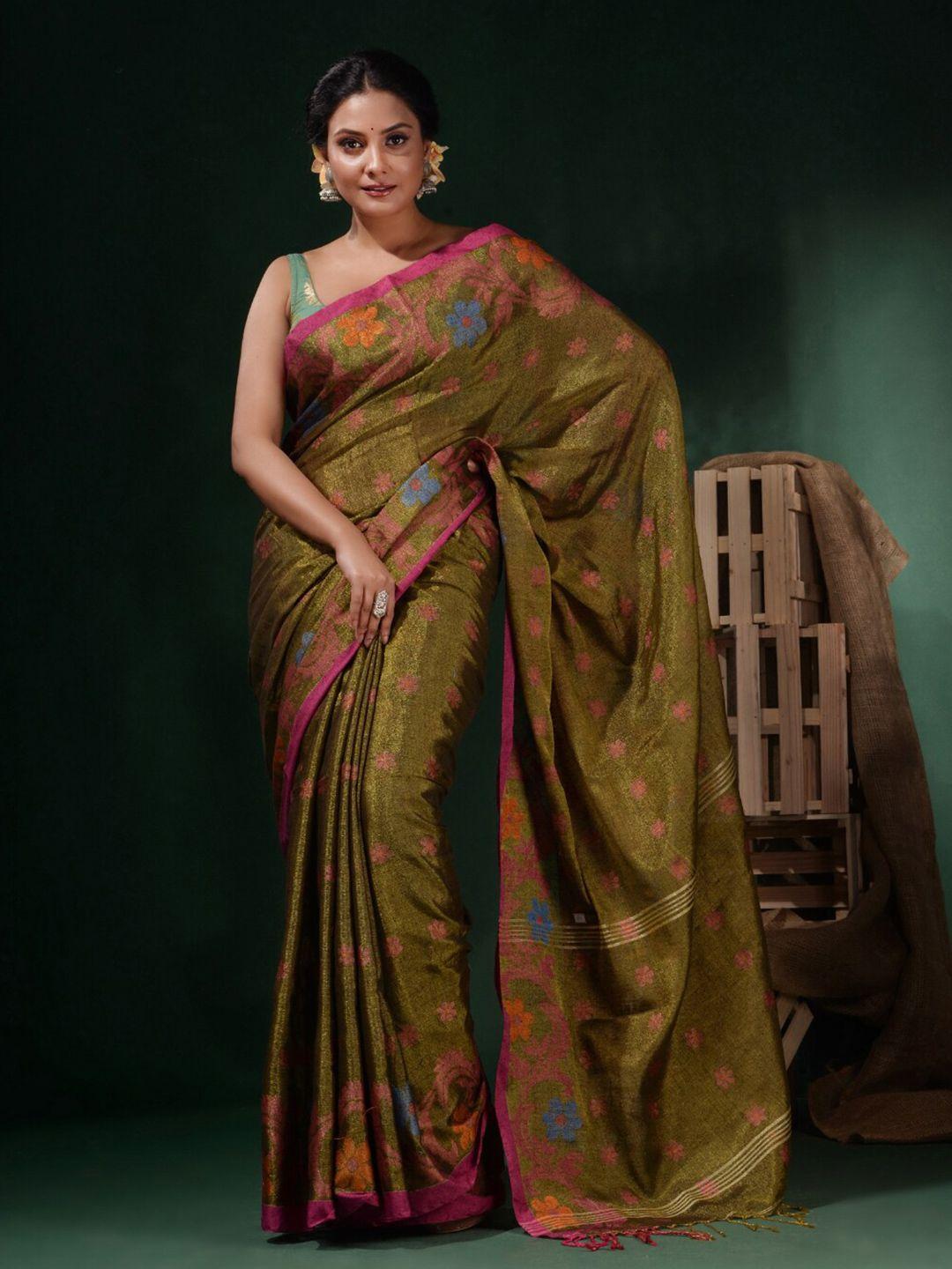 charukriti green & pink floral zari tissue saree