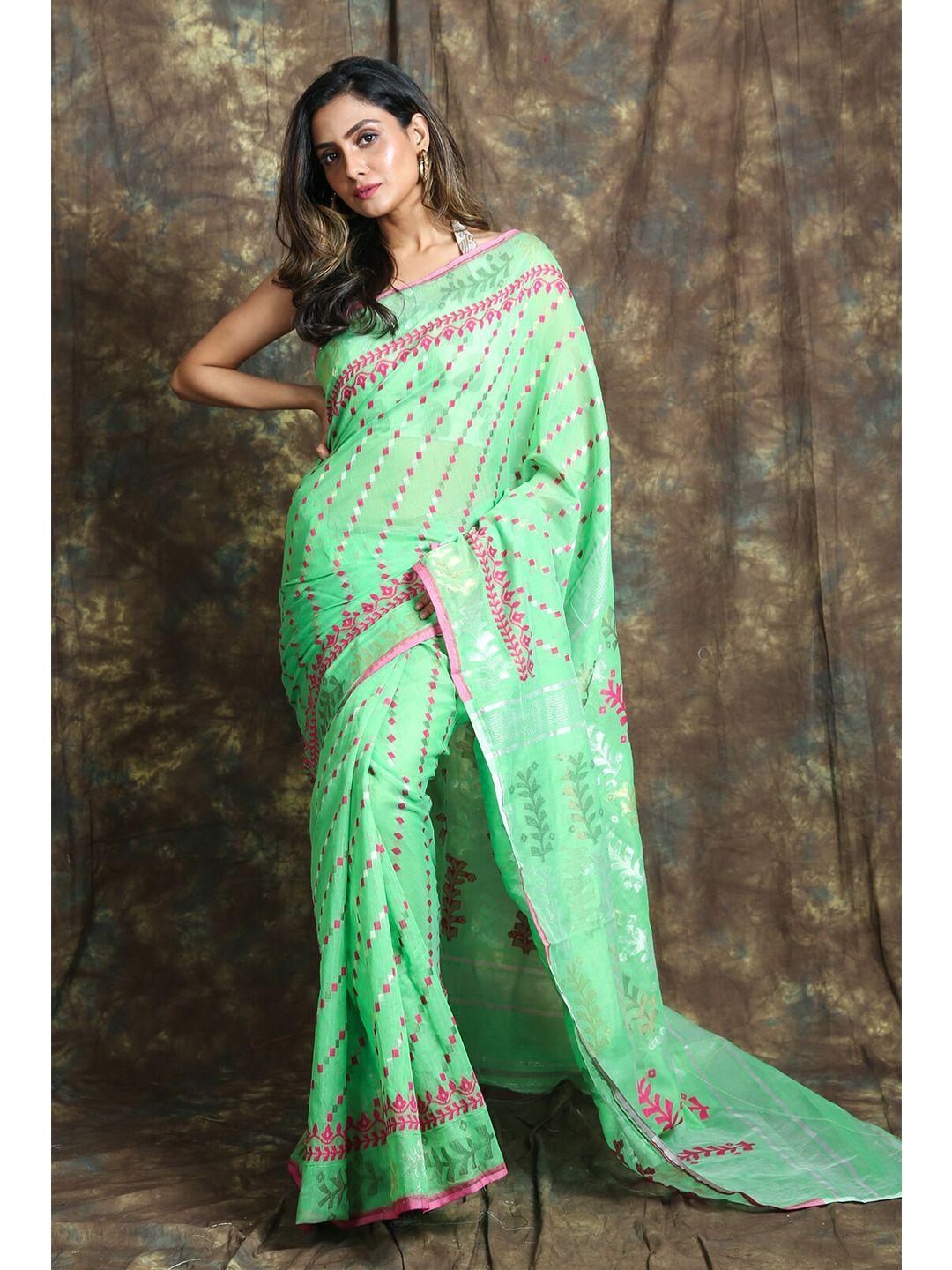 charukriti green & pink silk cotton jamdani saree