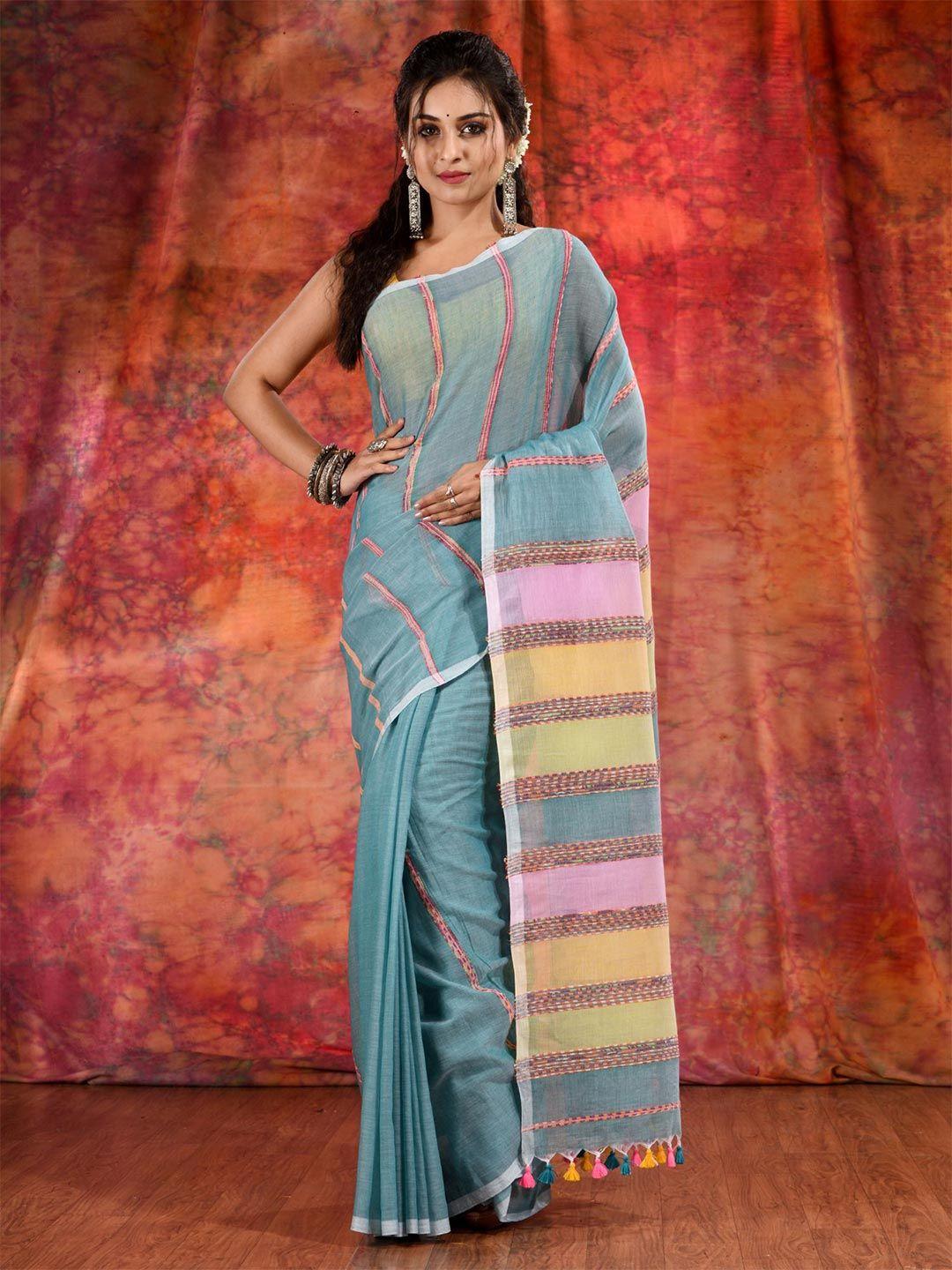 charukriti green & pink striped pure cotton saree