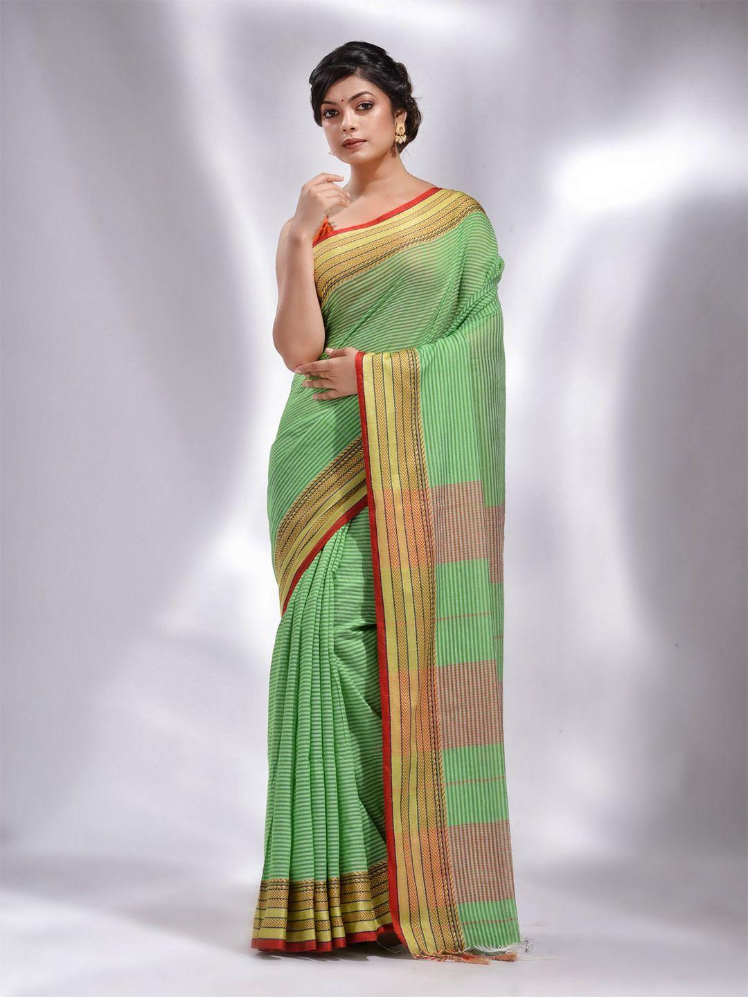 charukriti green & pink woven design pure cotton saree