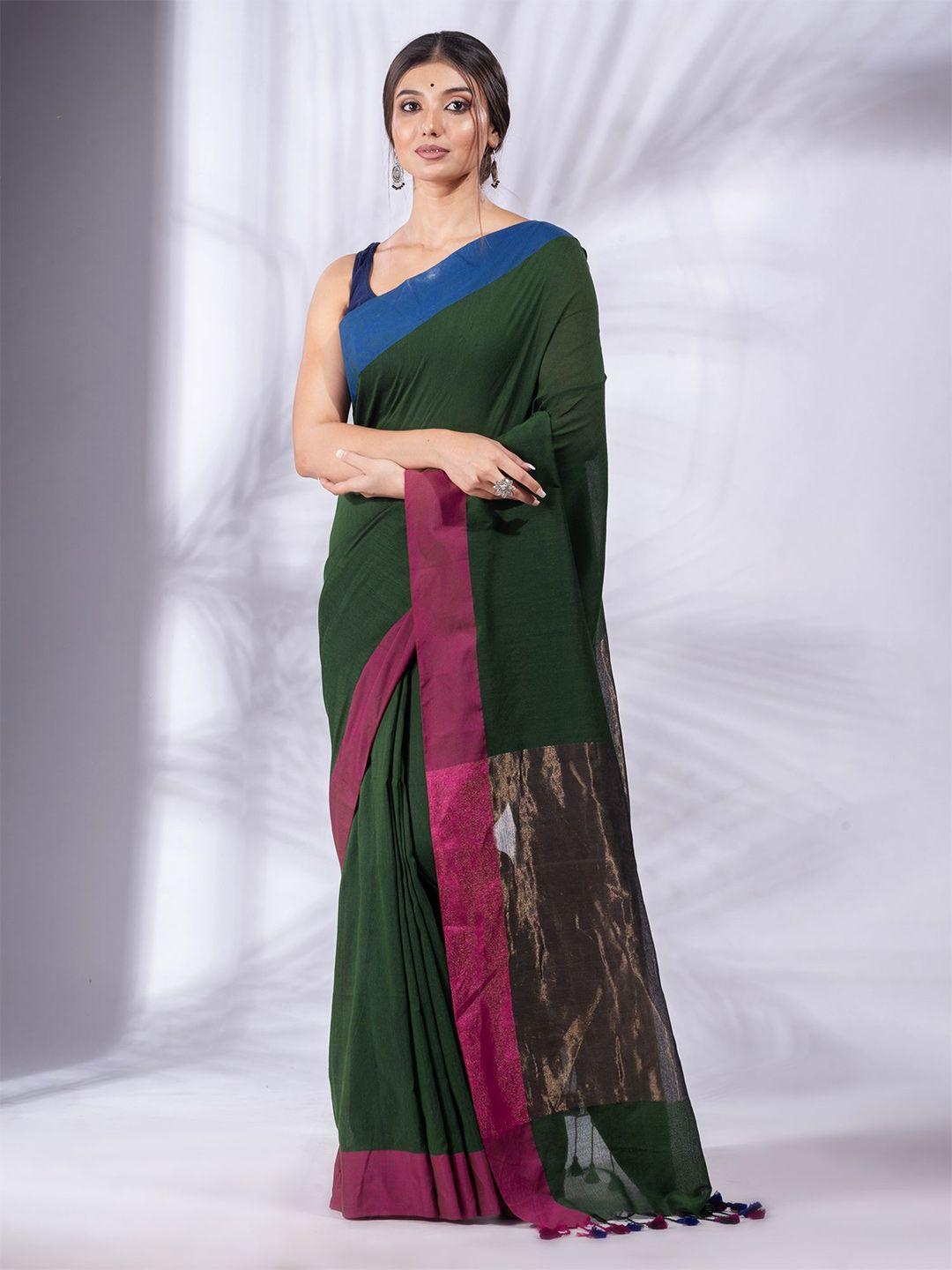 charukriti green & pink woven design pure cotton saree