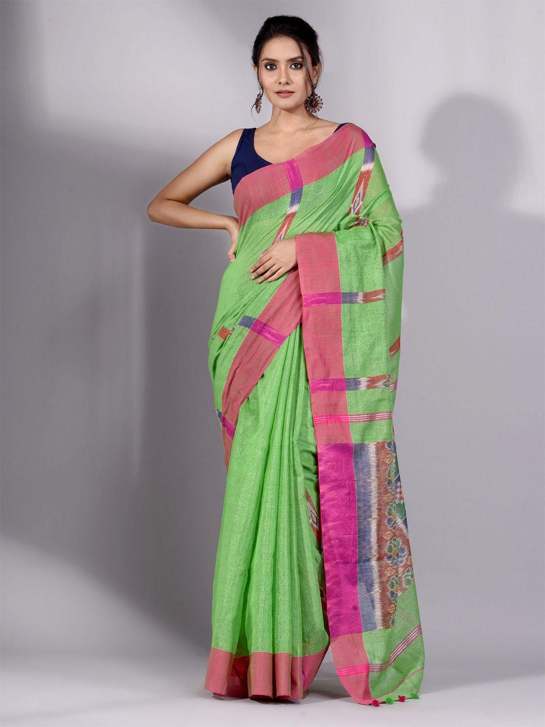 charukriti green & pink woven design tissue saree