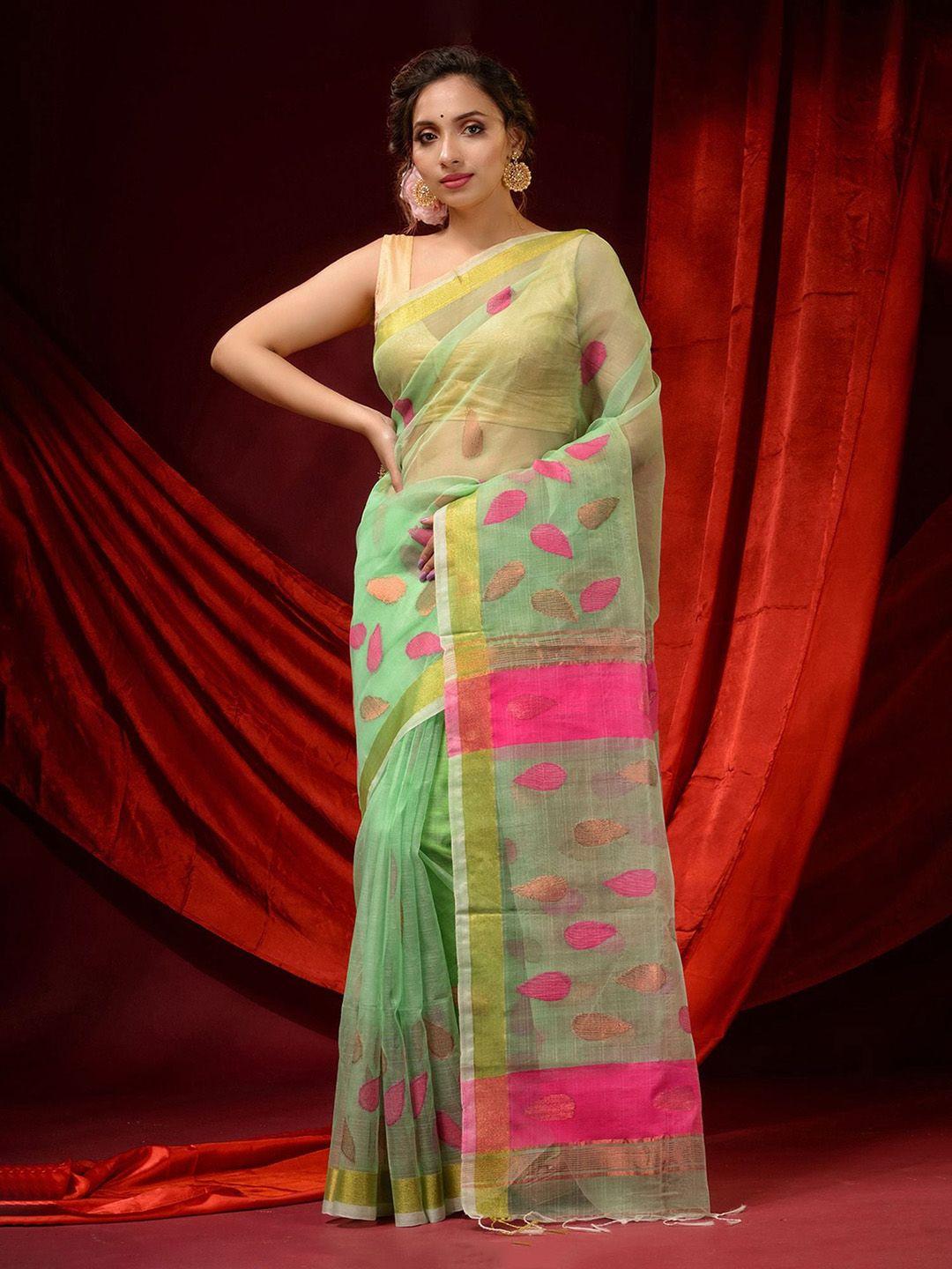 charukriti green & pink woven design zari pure silk saree