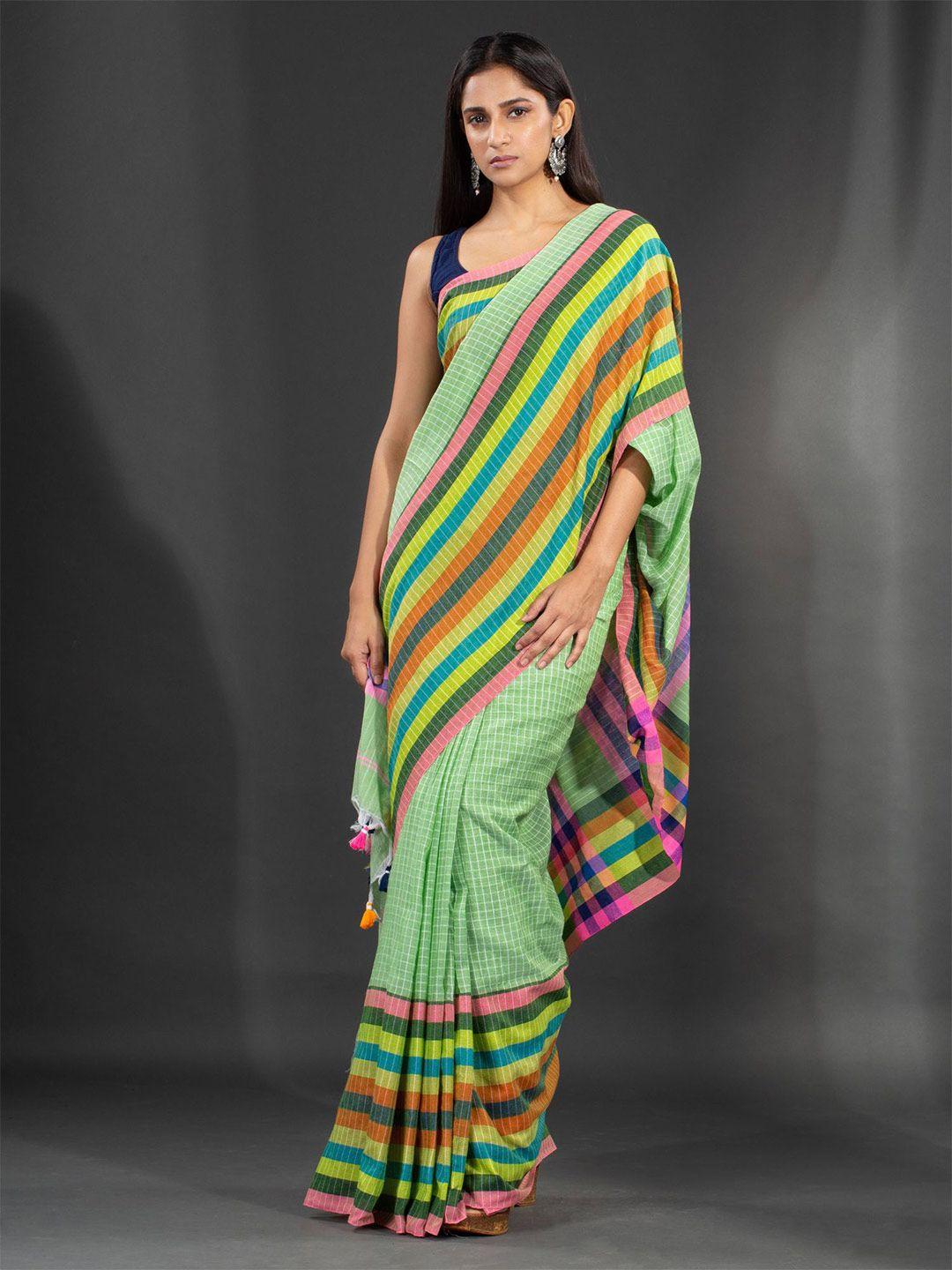 charukriti green & purple checked pure cotton saree