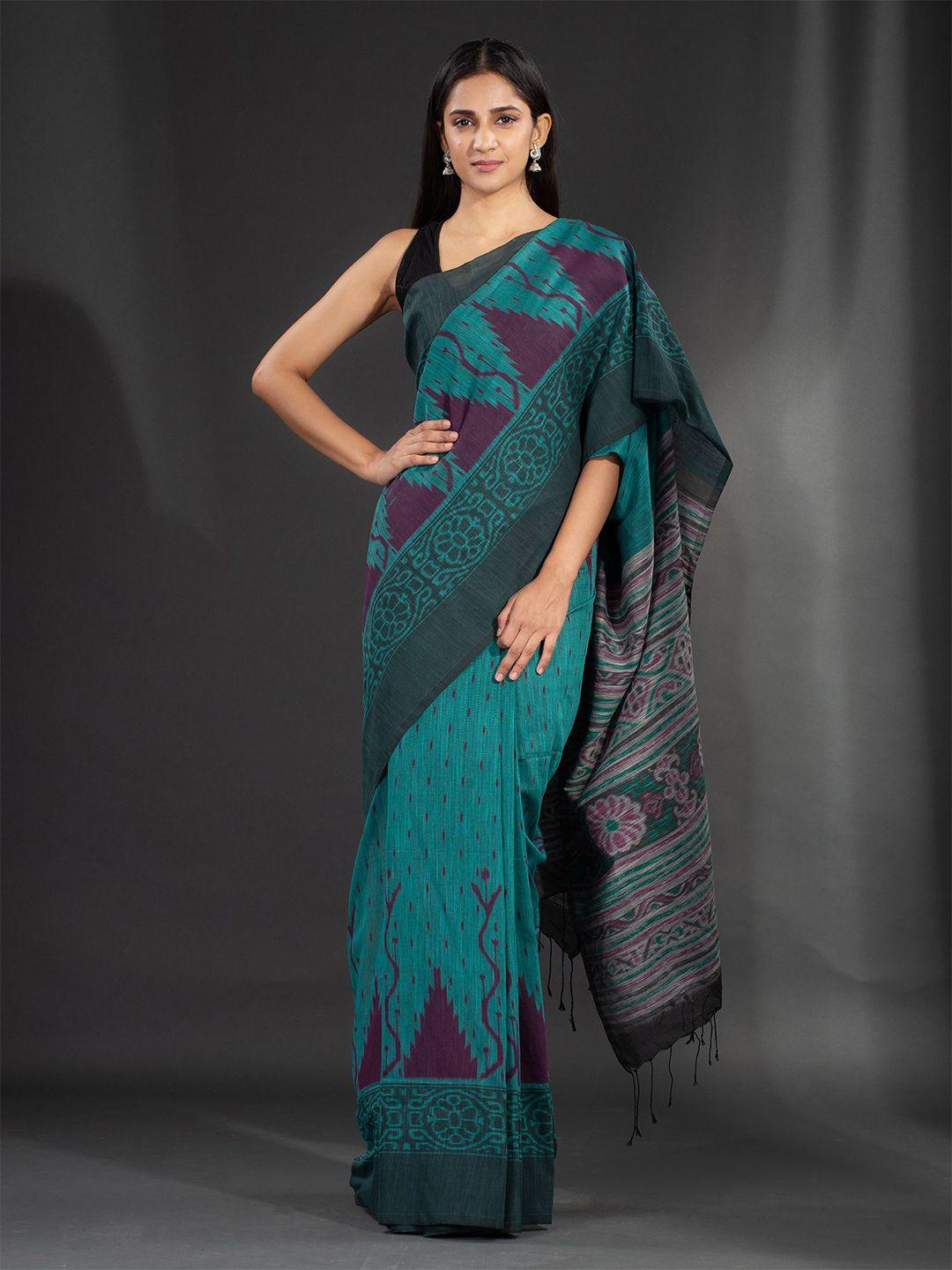 charukriti green & purple pure cotton saree with kotki design