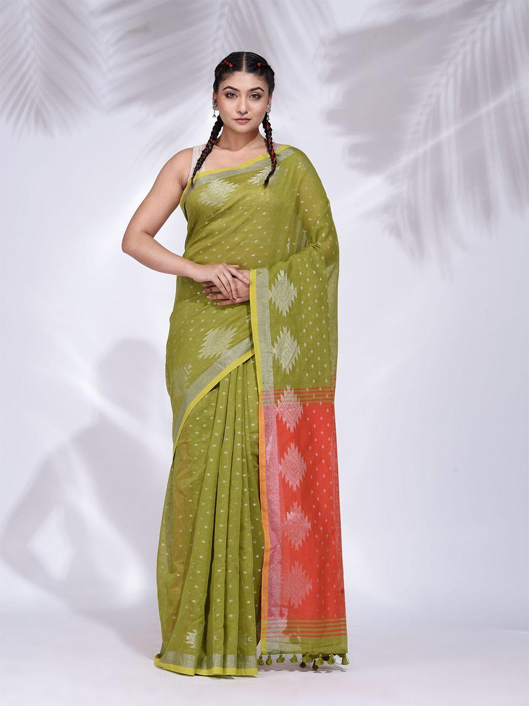 charukriti green & red cotton handwoven saree