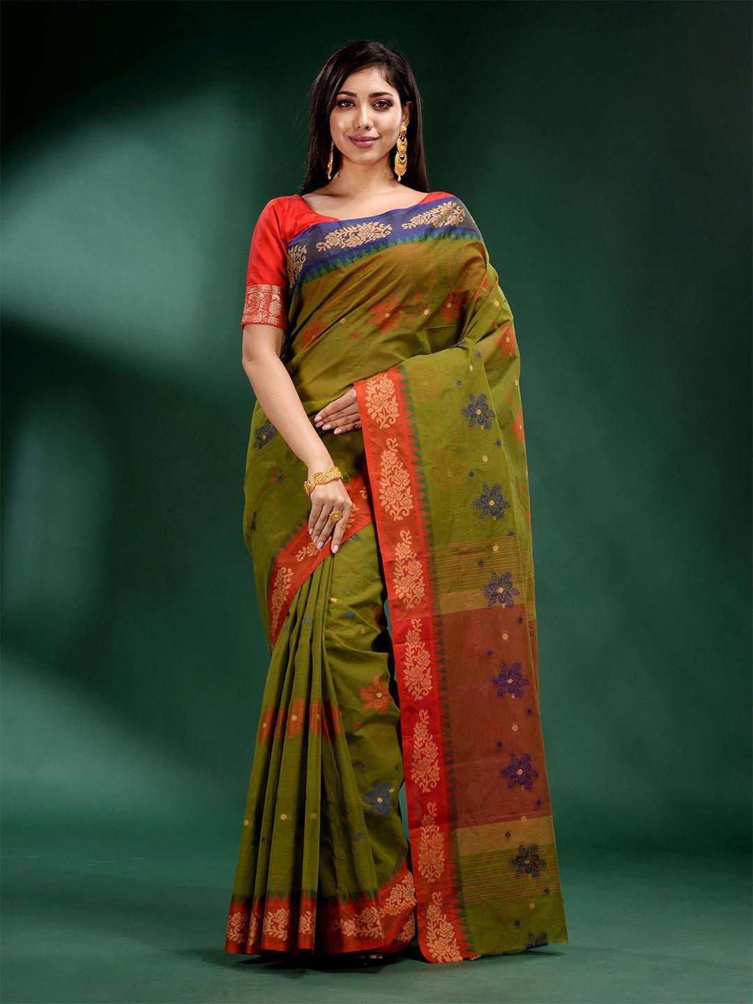 charukriti green & red floral pure cotton saree