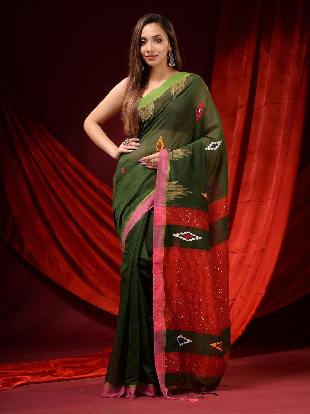 charukriti green & red sequinned silk cotton saree