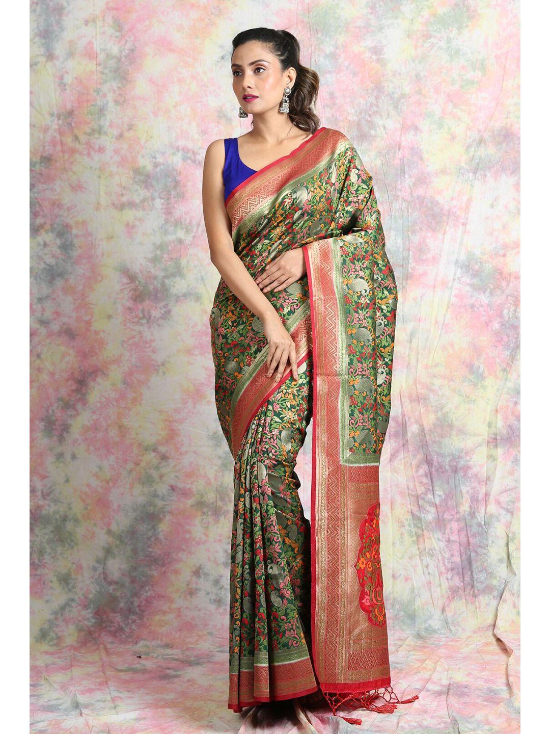 charukriti green & red woven design pure silk saree