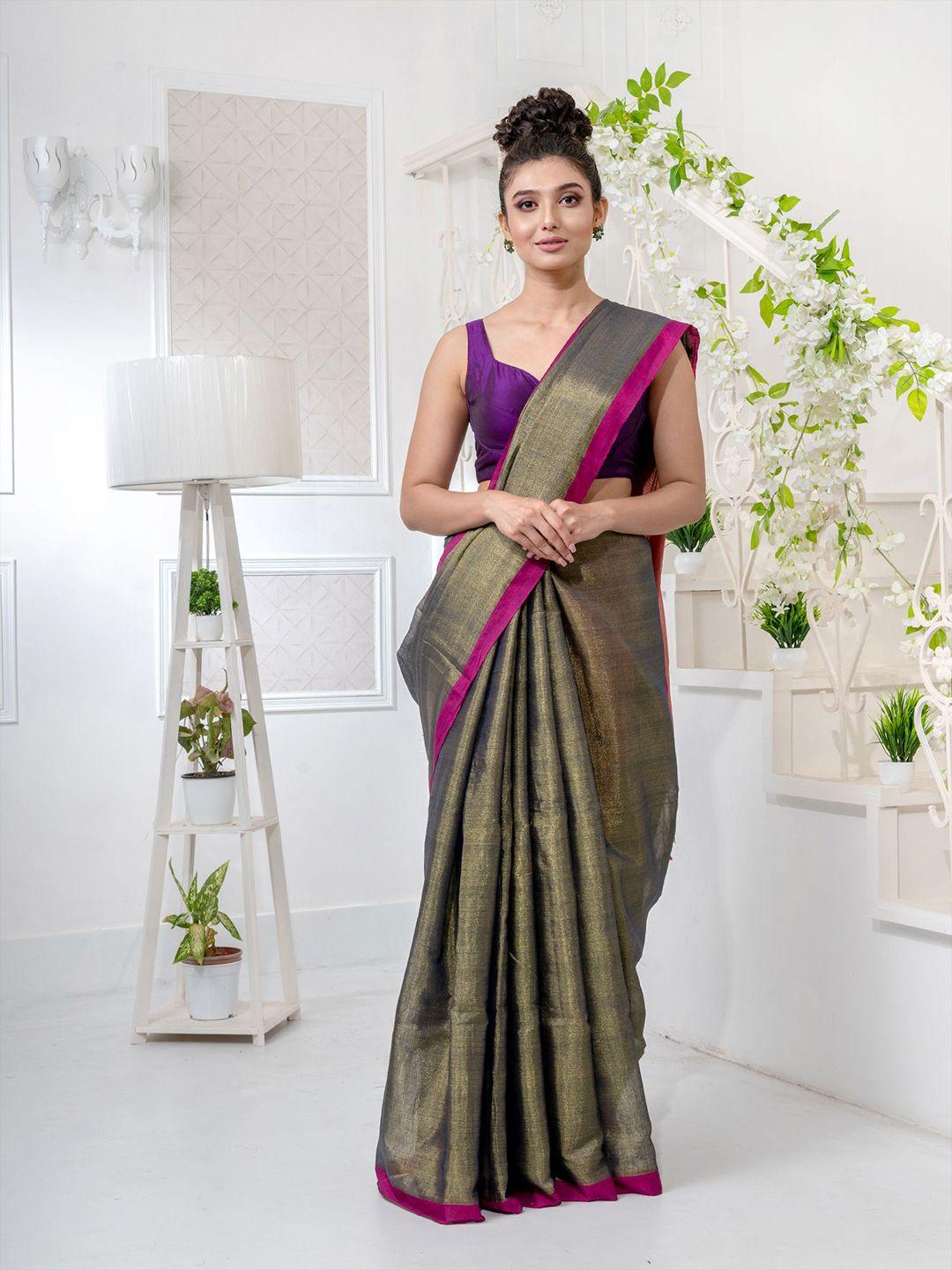 charukriti green & red woven design tissue saree