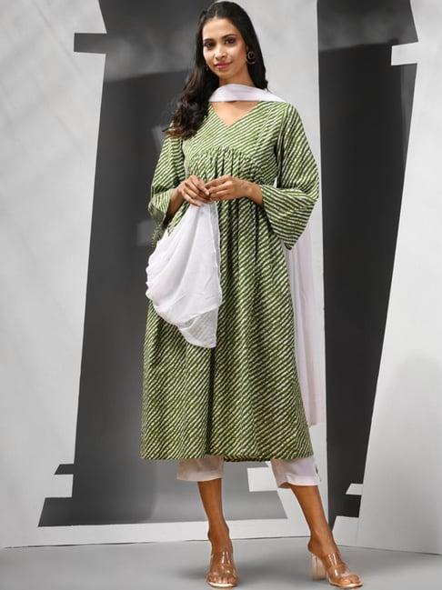charukriti green & white cotton striped kurta pant set with dupatta