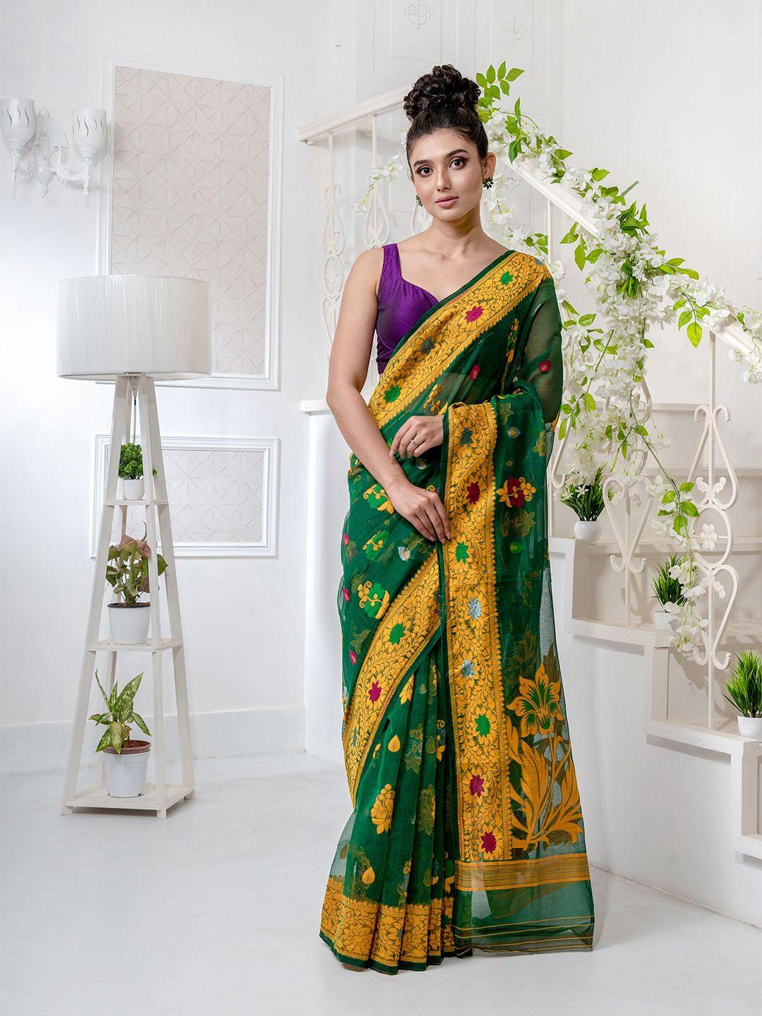 charukriti green & yellow floral silk cotton jamdani saree