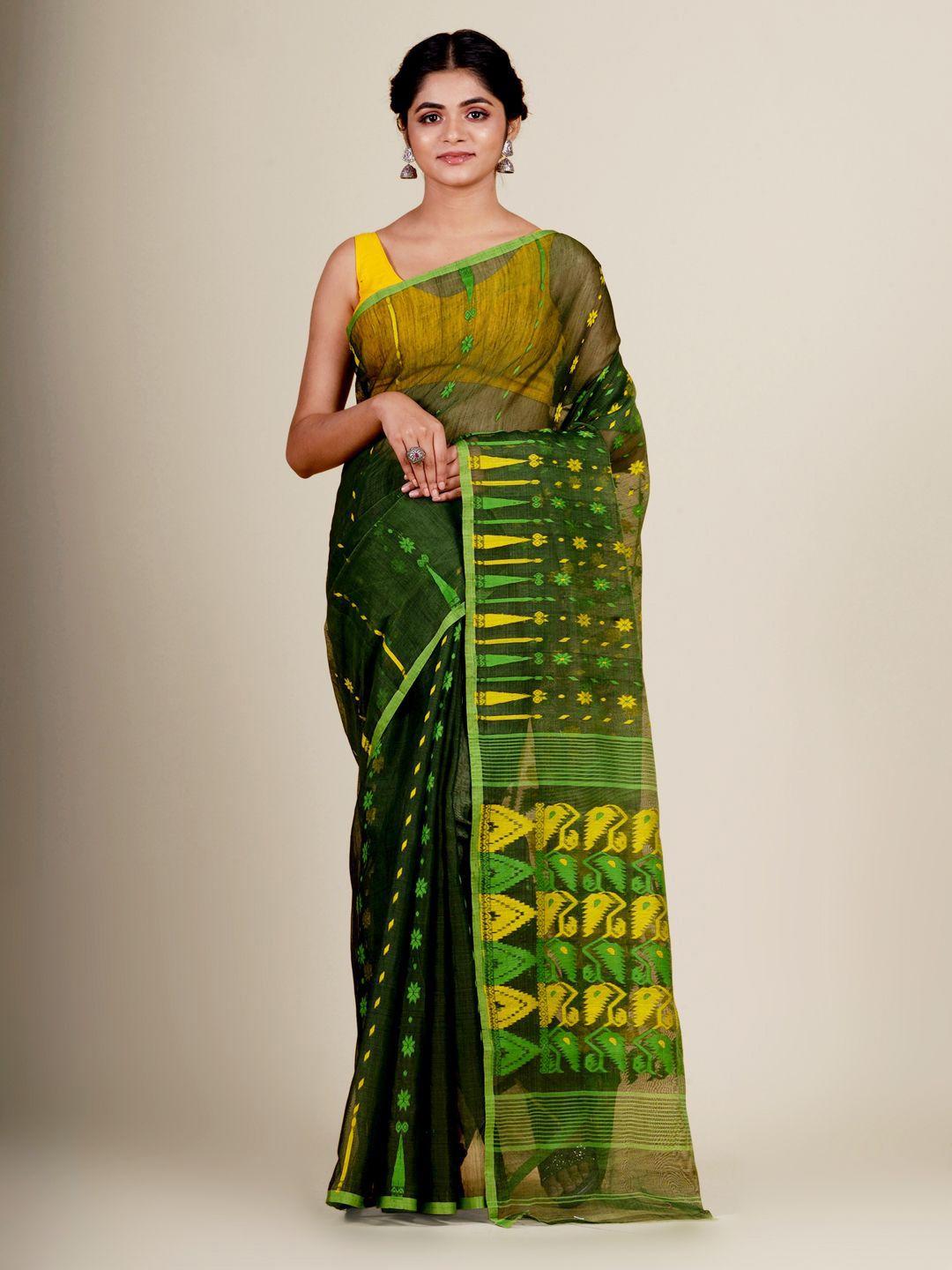 charukriti green & yellow floral woven design jamdani saree