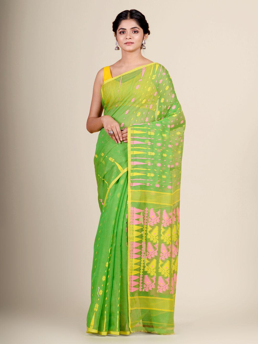 charukriti green & yellow floral woven design jamdani saree