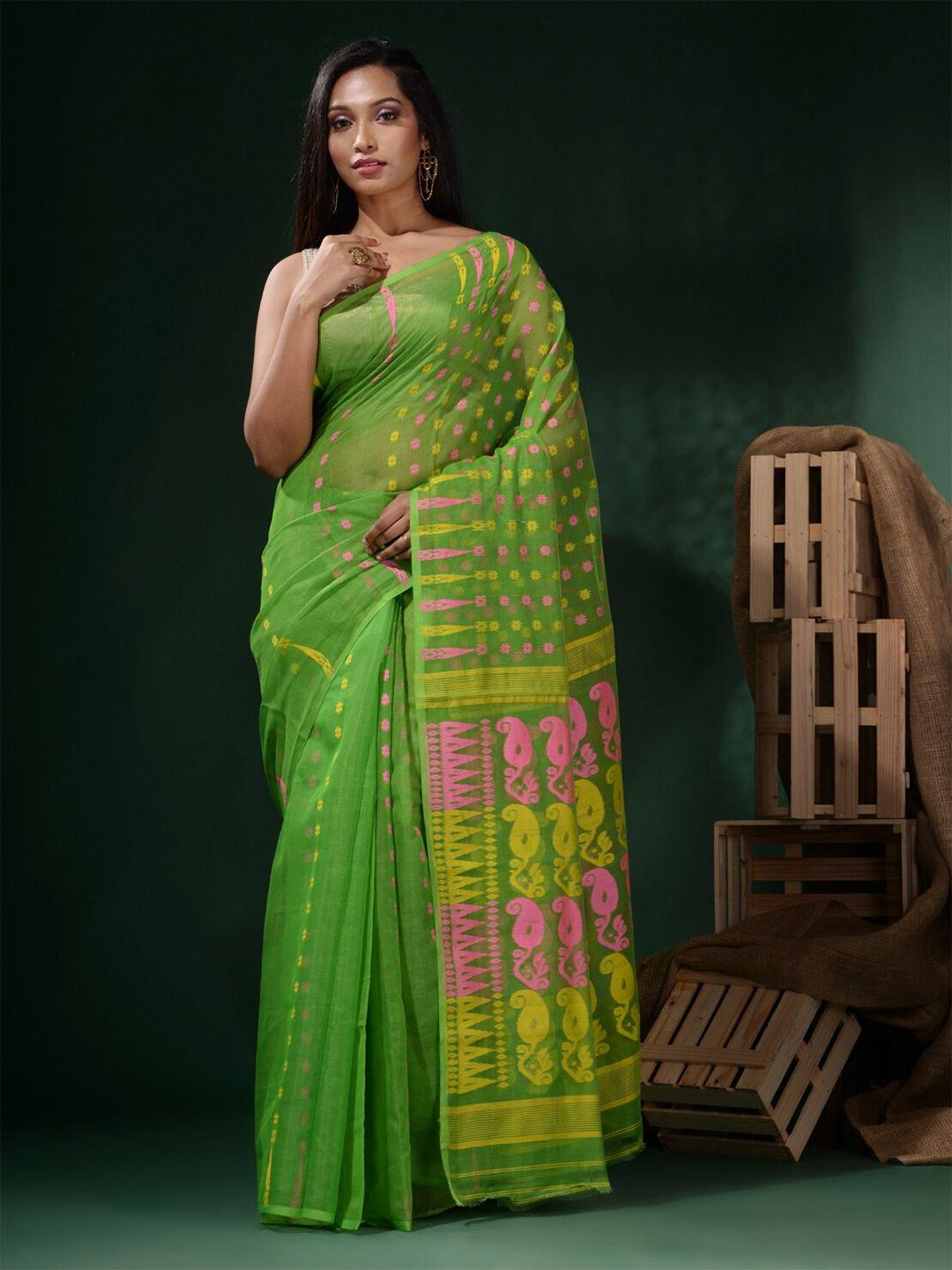 charukriti green & yellow paisley pure cotton jamdani saree