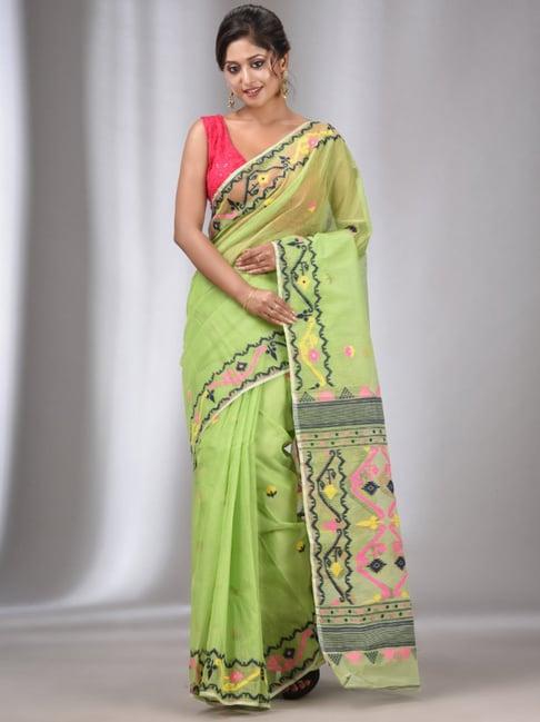 charukriti green cotton embroidered saree without unstitched blouse