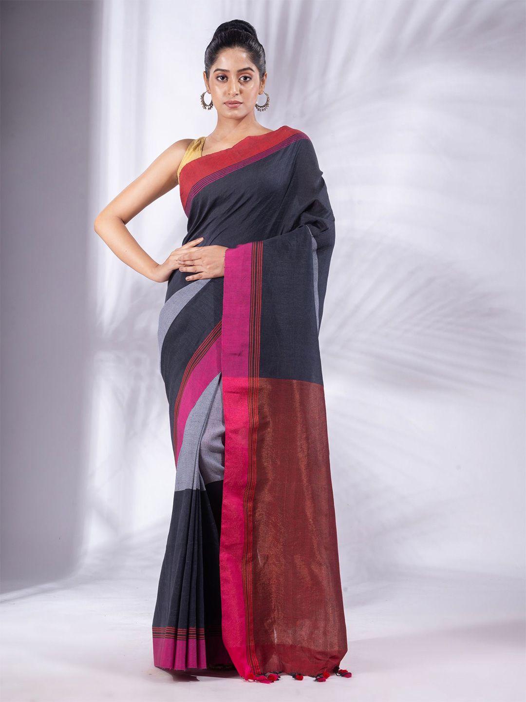 charukriti grey & black pure cotton saree