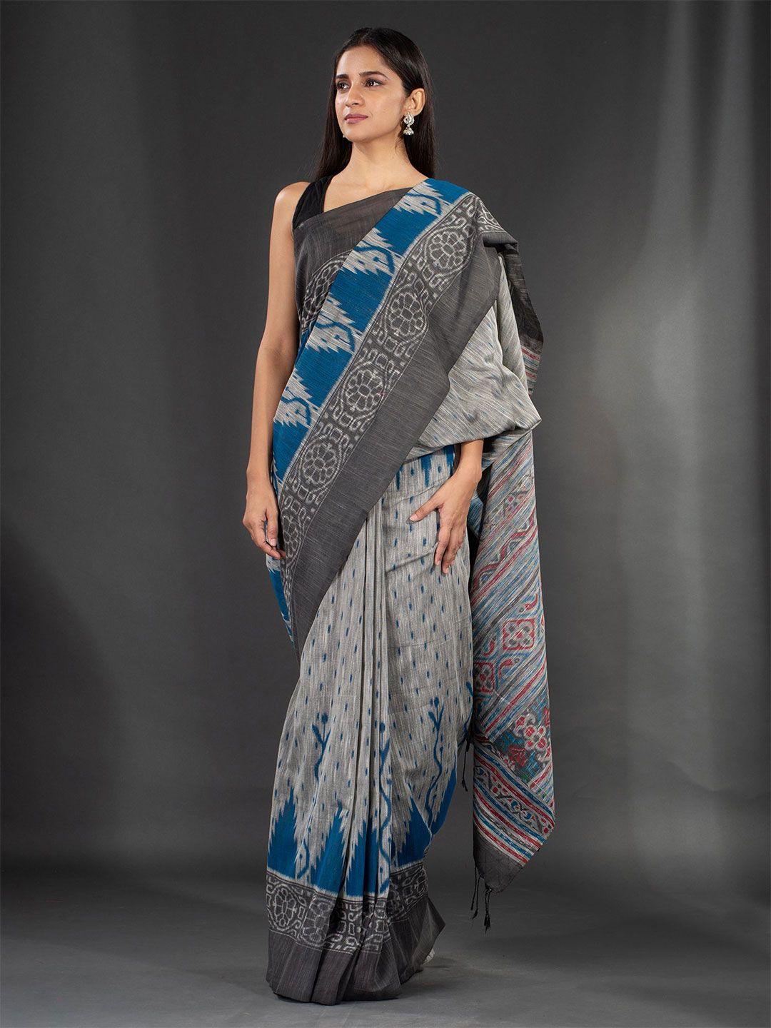 charukriti grey & blue ethnic motifs pure cotton saree