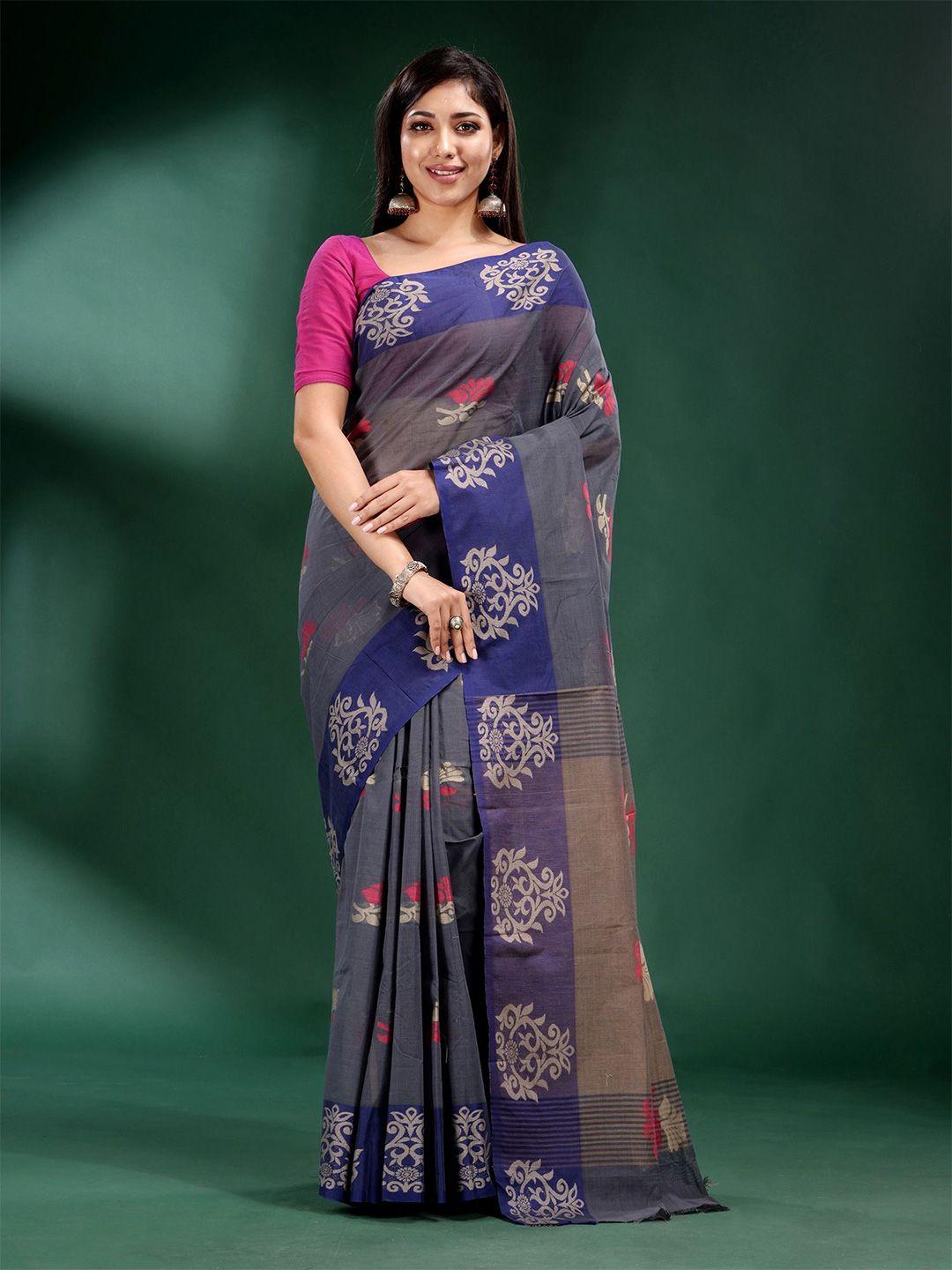 charukriti grey & blue ethnic motifs pure cotton saree