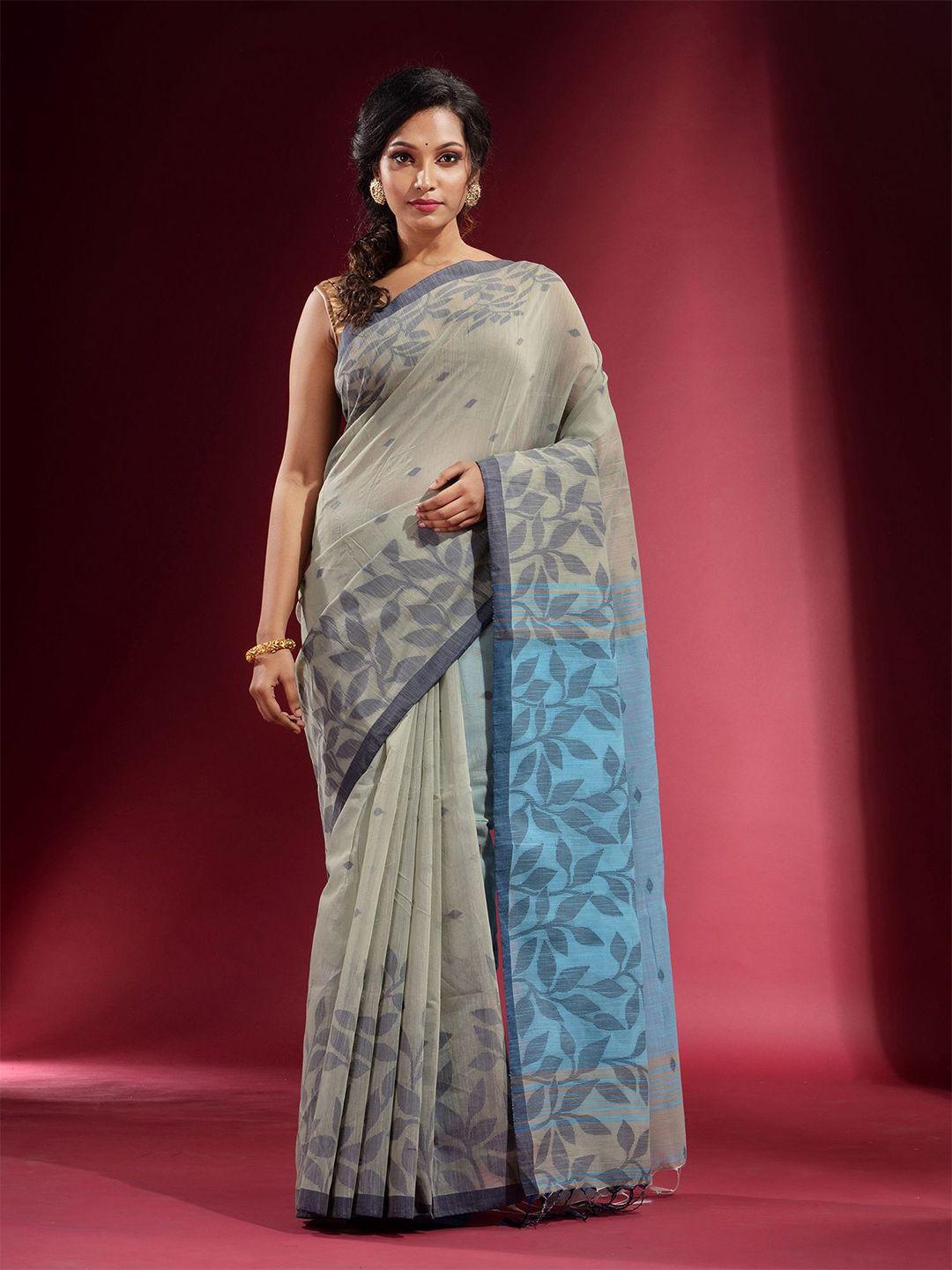 charukriti grey & blue floral printed pure cotton saree