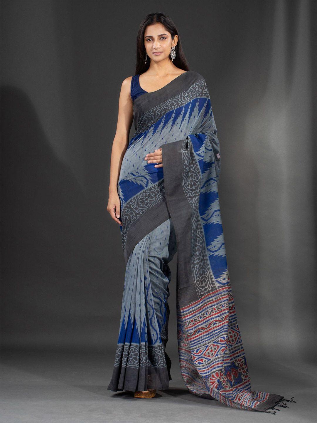 charukriti grey & blue pure cotton saree with kotki design