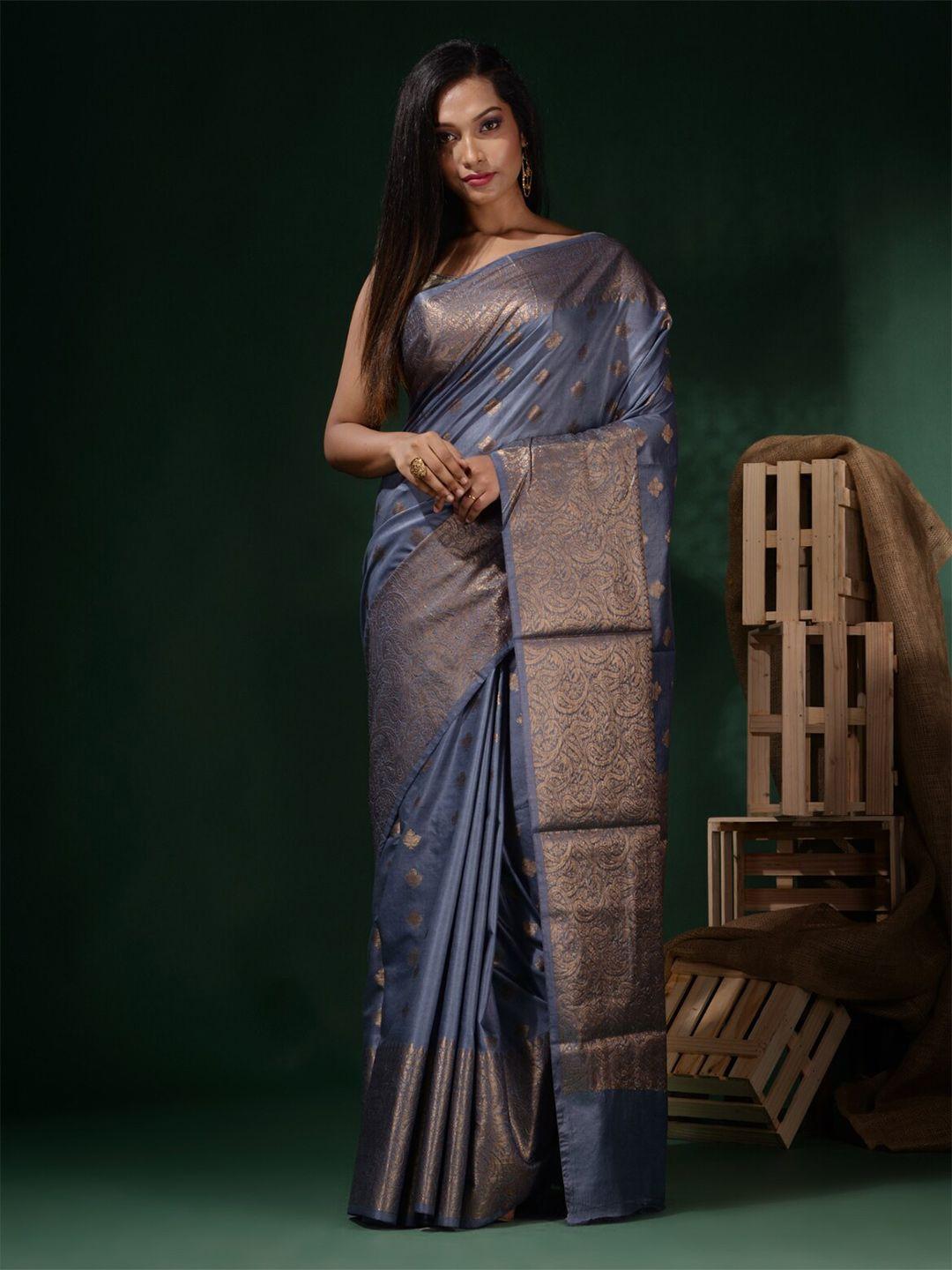 charukriti grey & copper-toned ethnic motifs zari silk blend saree