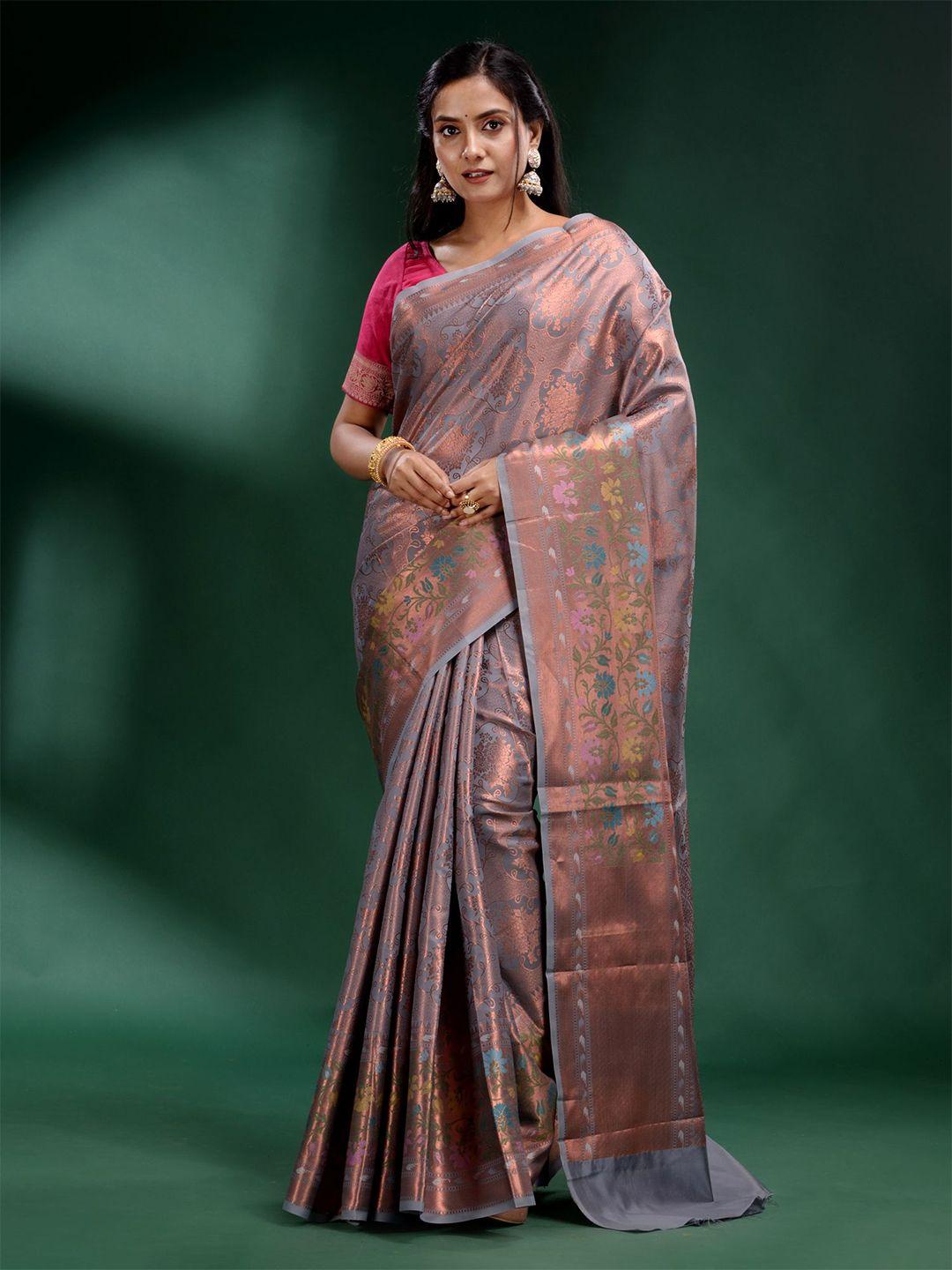 charukriti grey & copper-toned floral silk blend saree