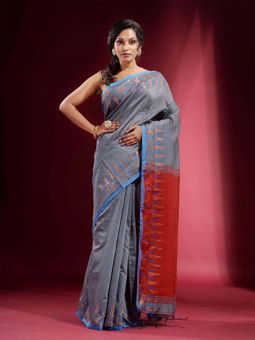 charukriti grey & copper-toned woven design zari saree