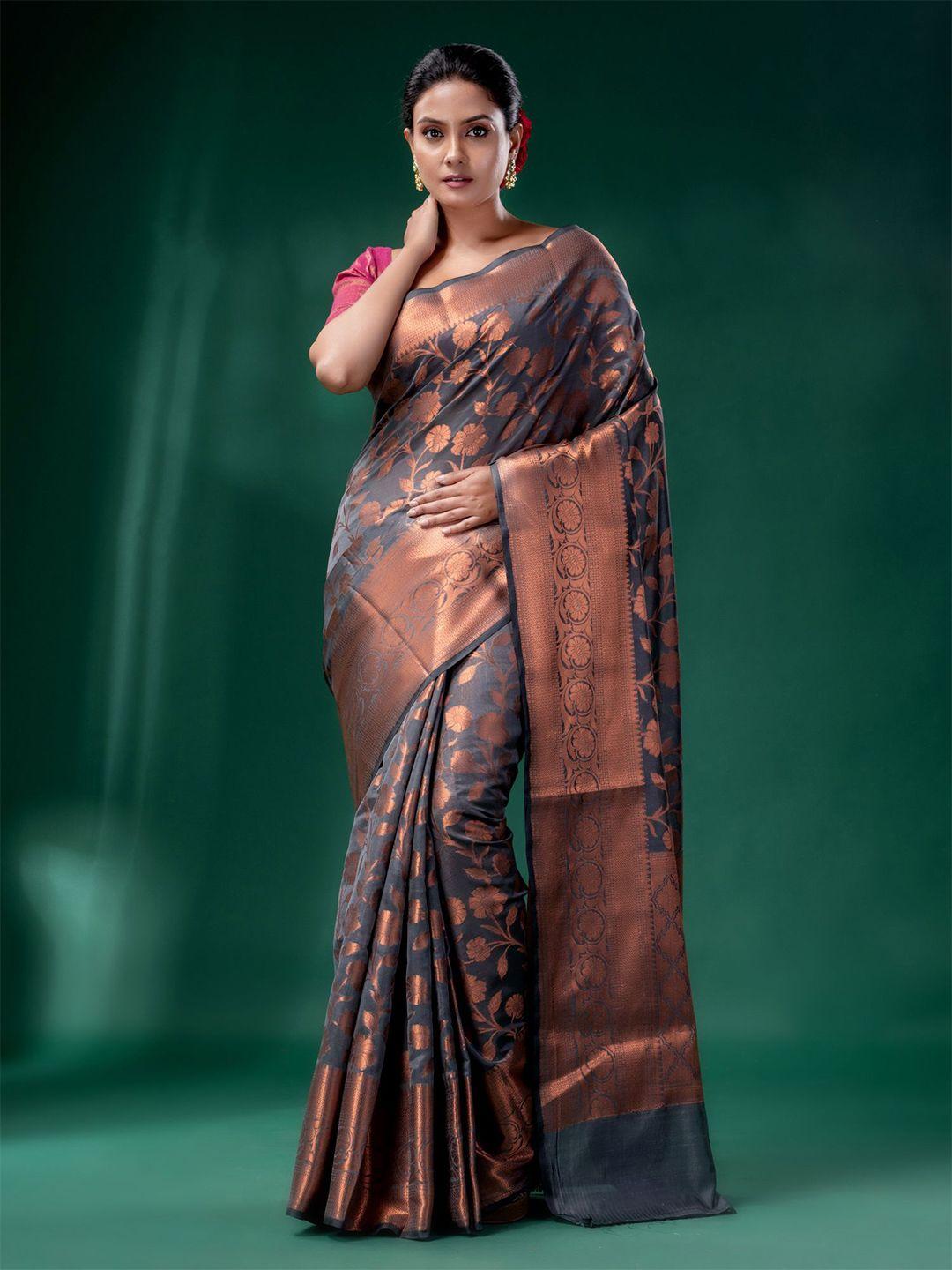 charukriti grey & copper-toned woven design zari silk cotton saree