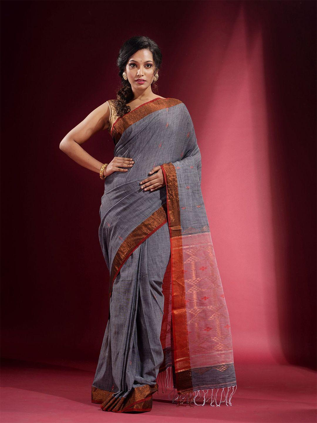 charukriti grey & gold-toned woven design zari pure cotton saree