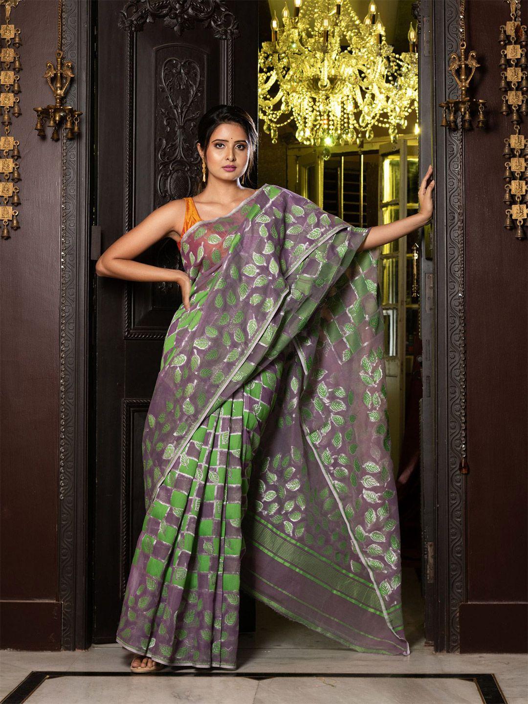 charukriti grey & green woven design silk cotton jamdani saree