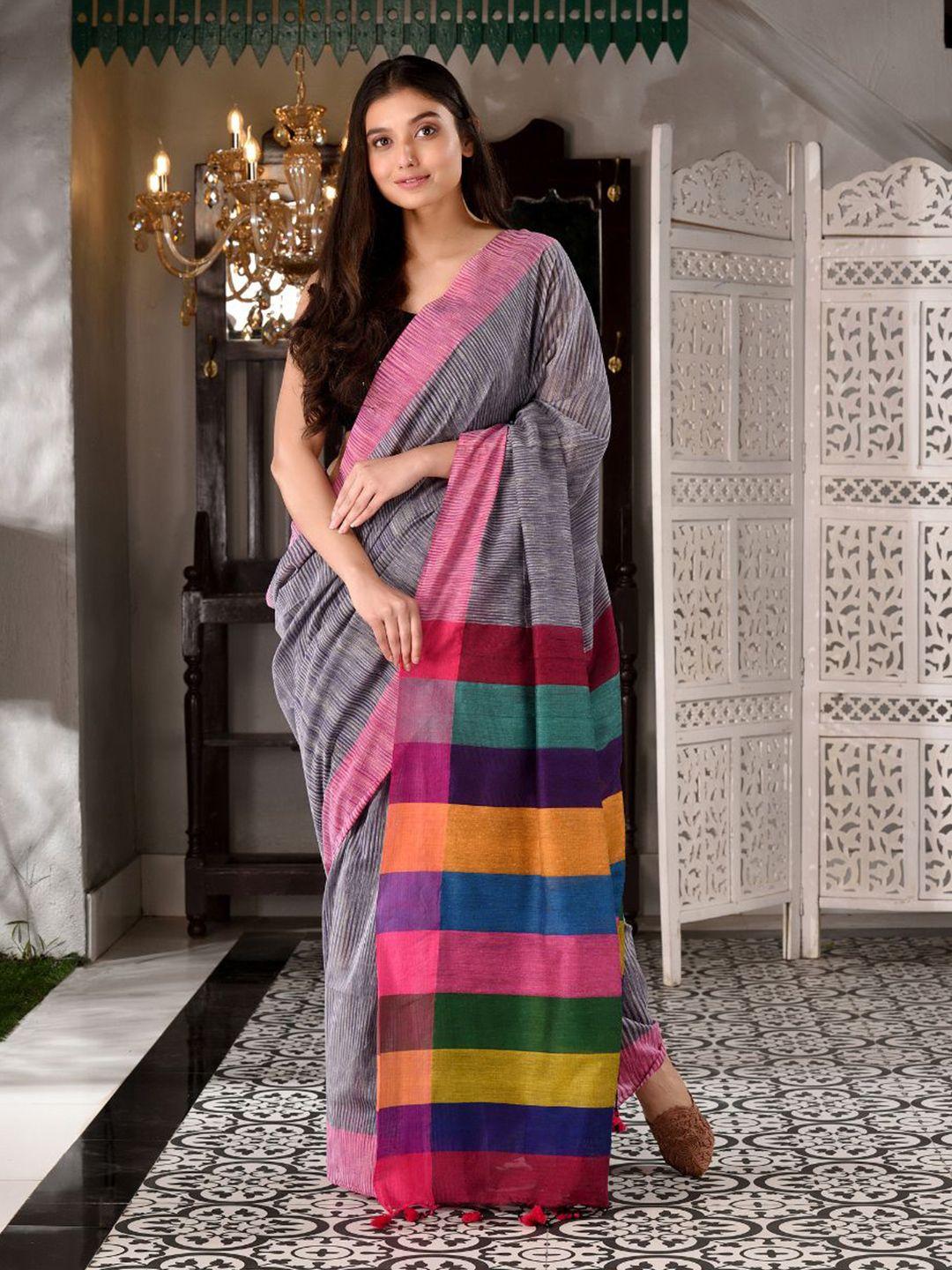 charukriti grey & multicoloured striped pure cotton saree