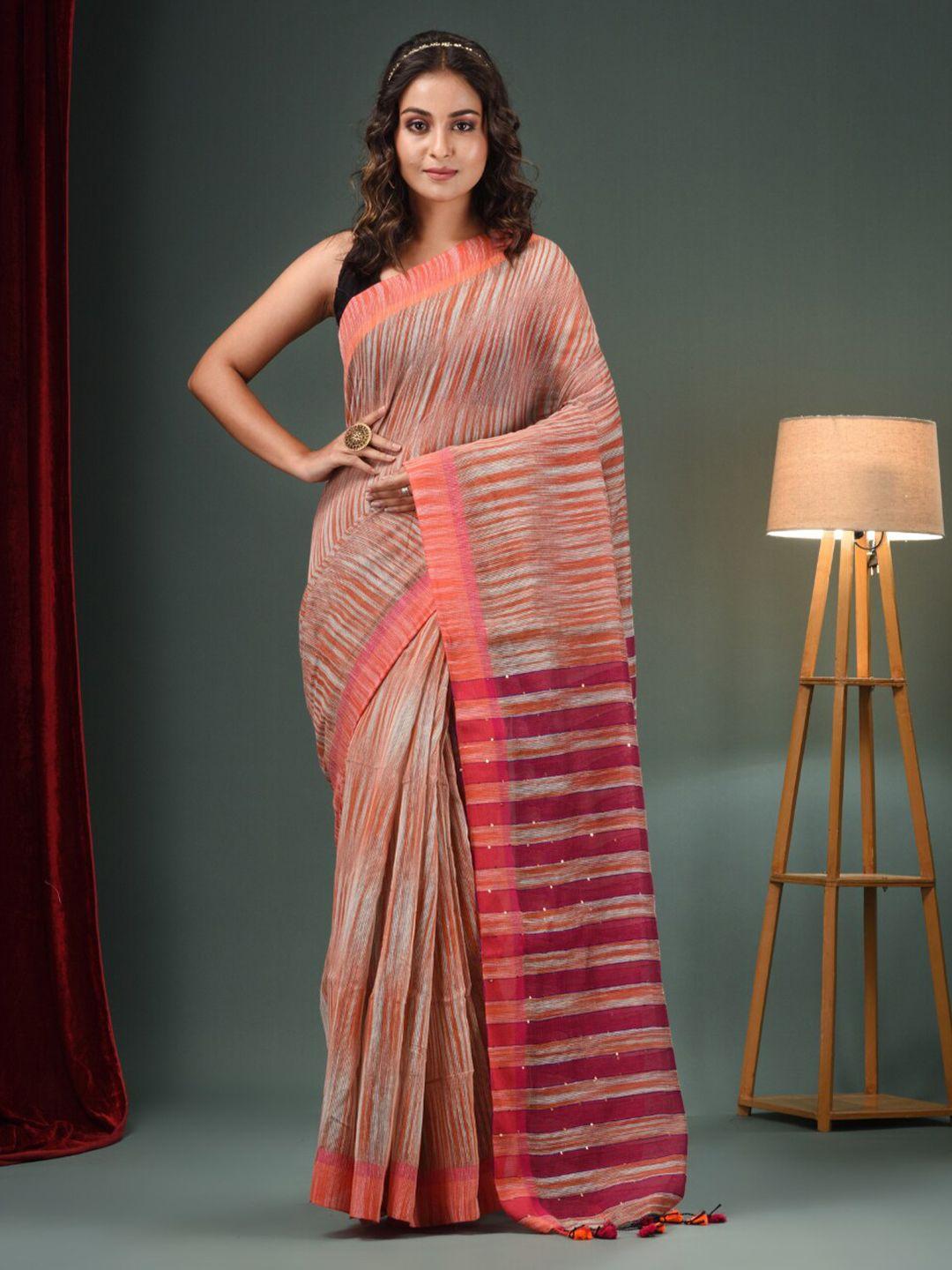 charukriti grey & orange striped saree