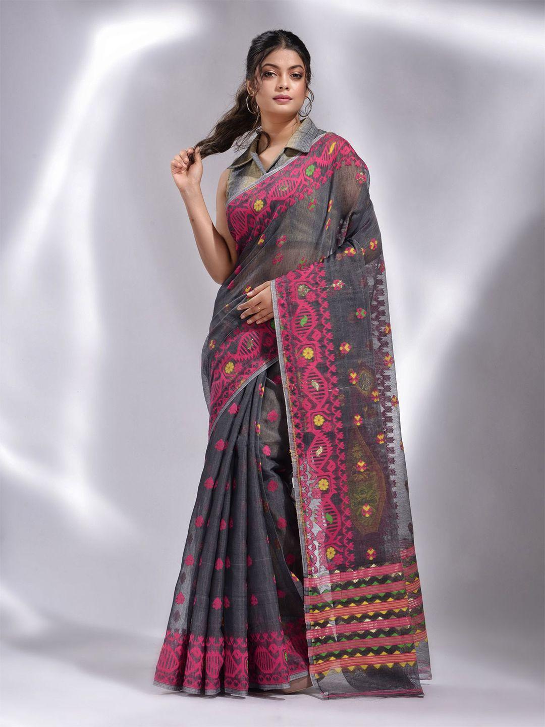 charukriti grey & orange woven design silk cotton jamdani saree