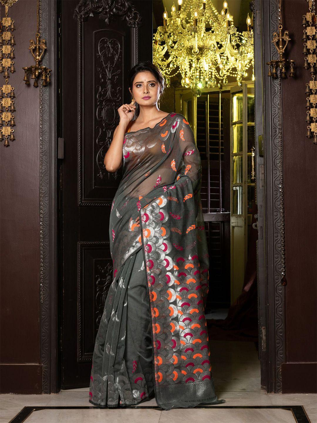 charukriti grey & orange woven design zari jamdani saree