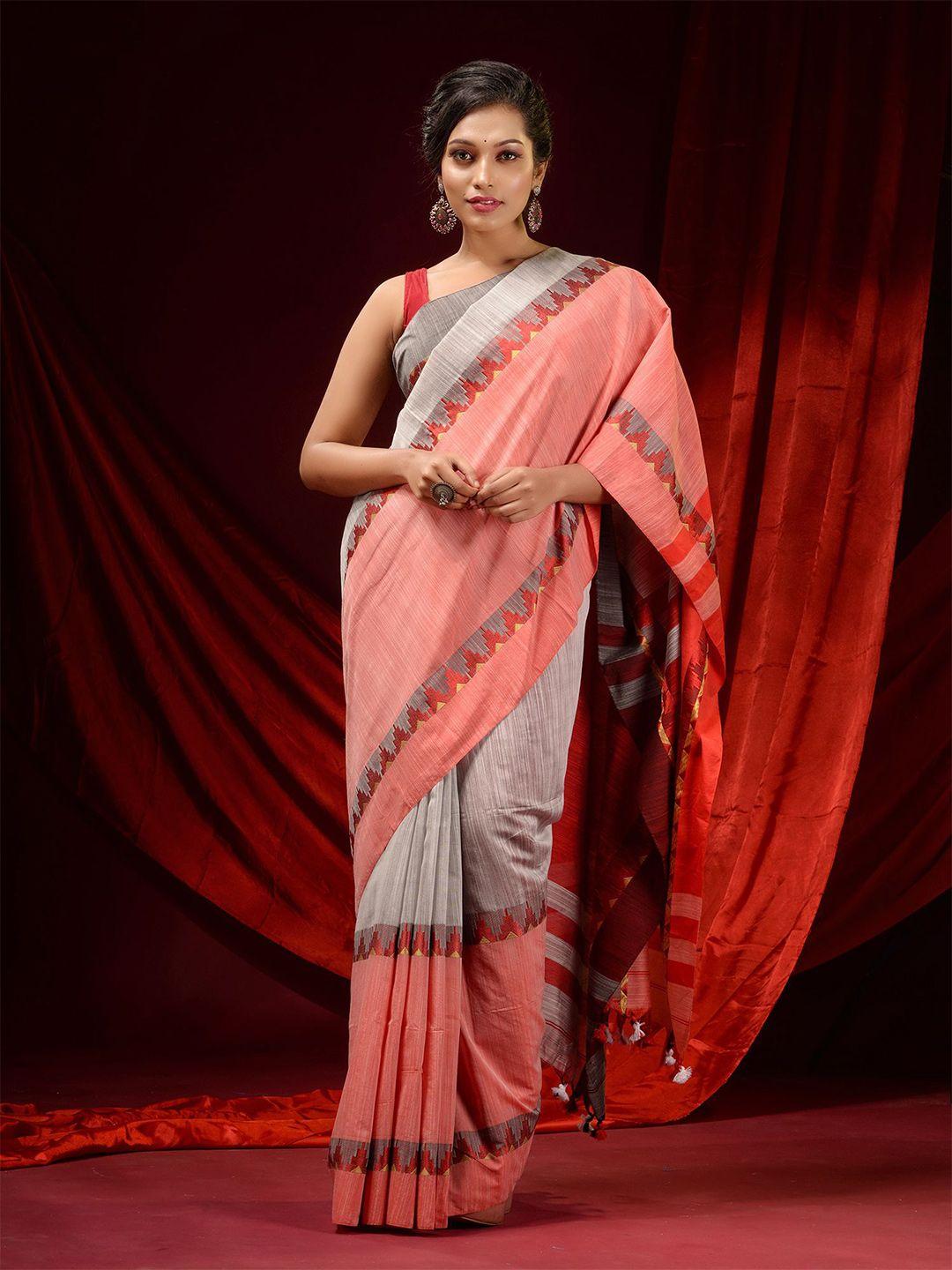 charukriti grey & peach pure cotton saree