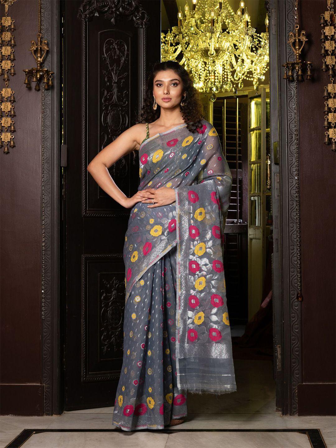 charukriti grey & pink floral woven design silk cotton jamdani saree