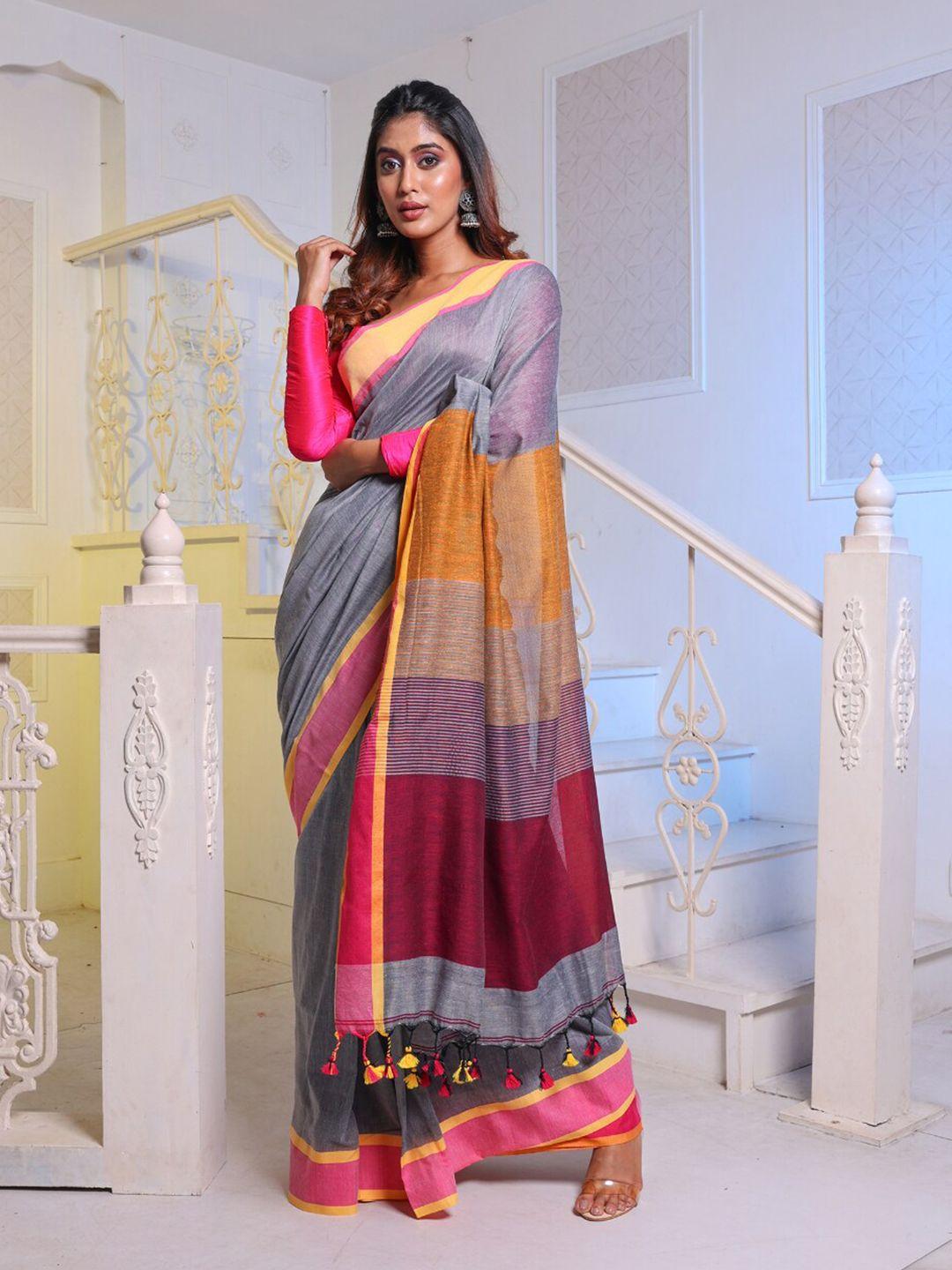 charukriti grey & pink pure cotton saree