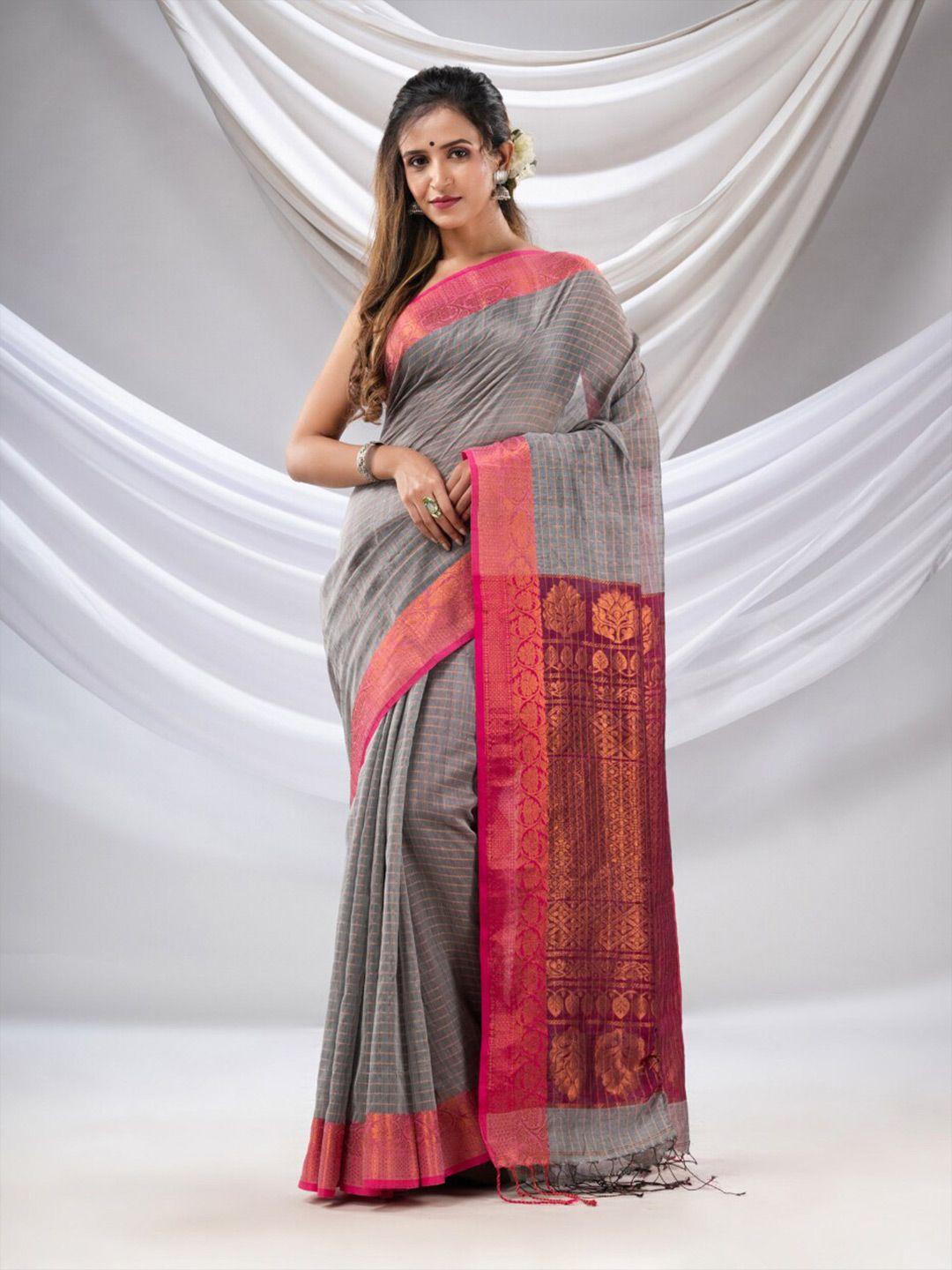 charukriti grey & pink striped zari silk blend saree