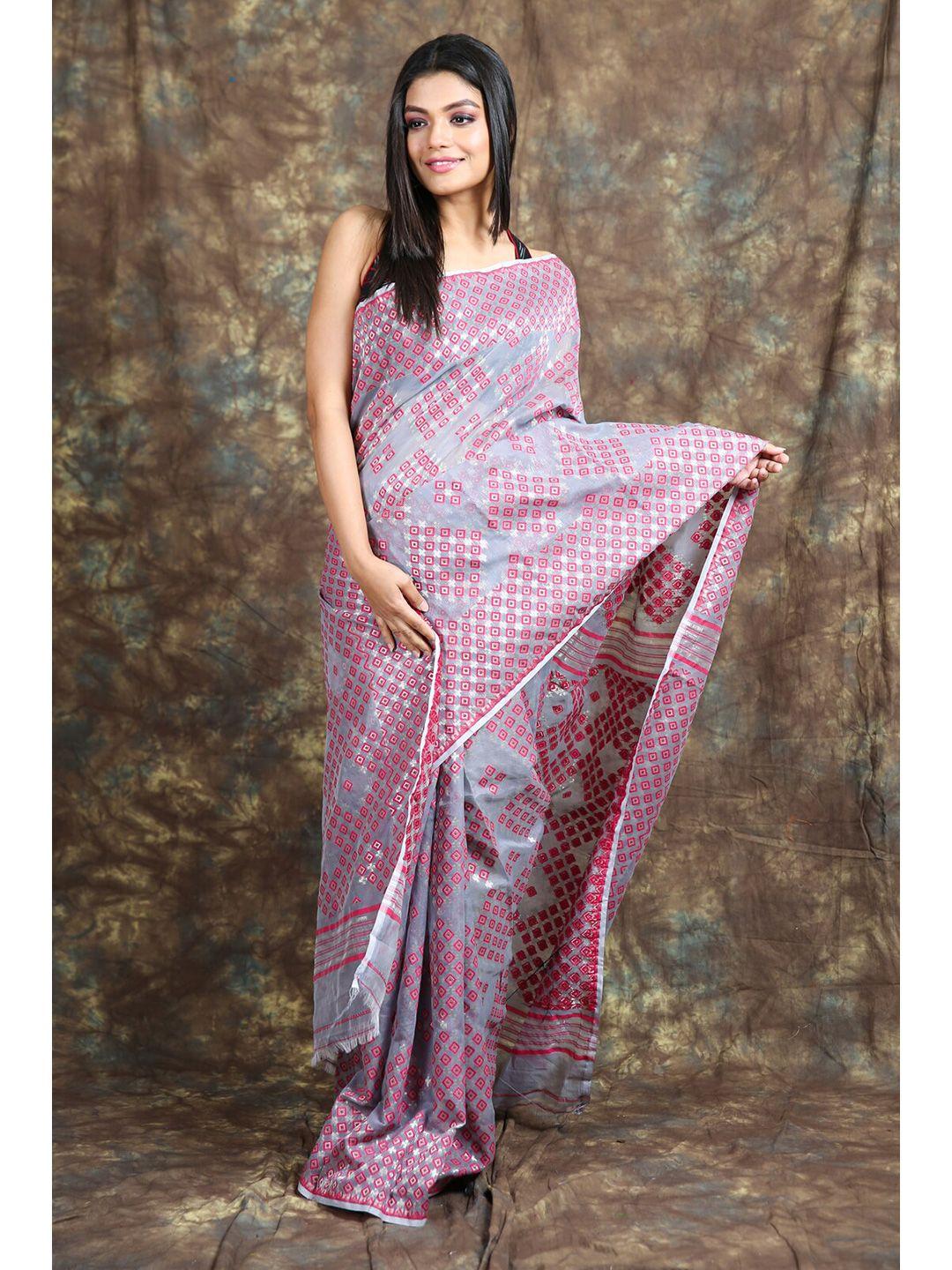 charukriti grey & pink woven design jamdani silk cotton saree