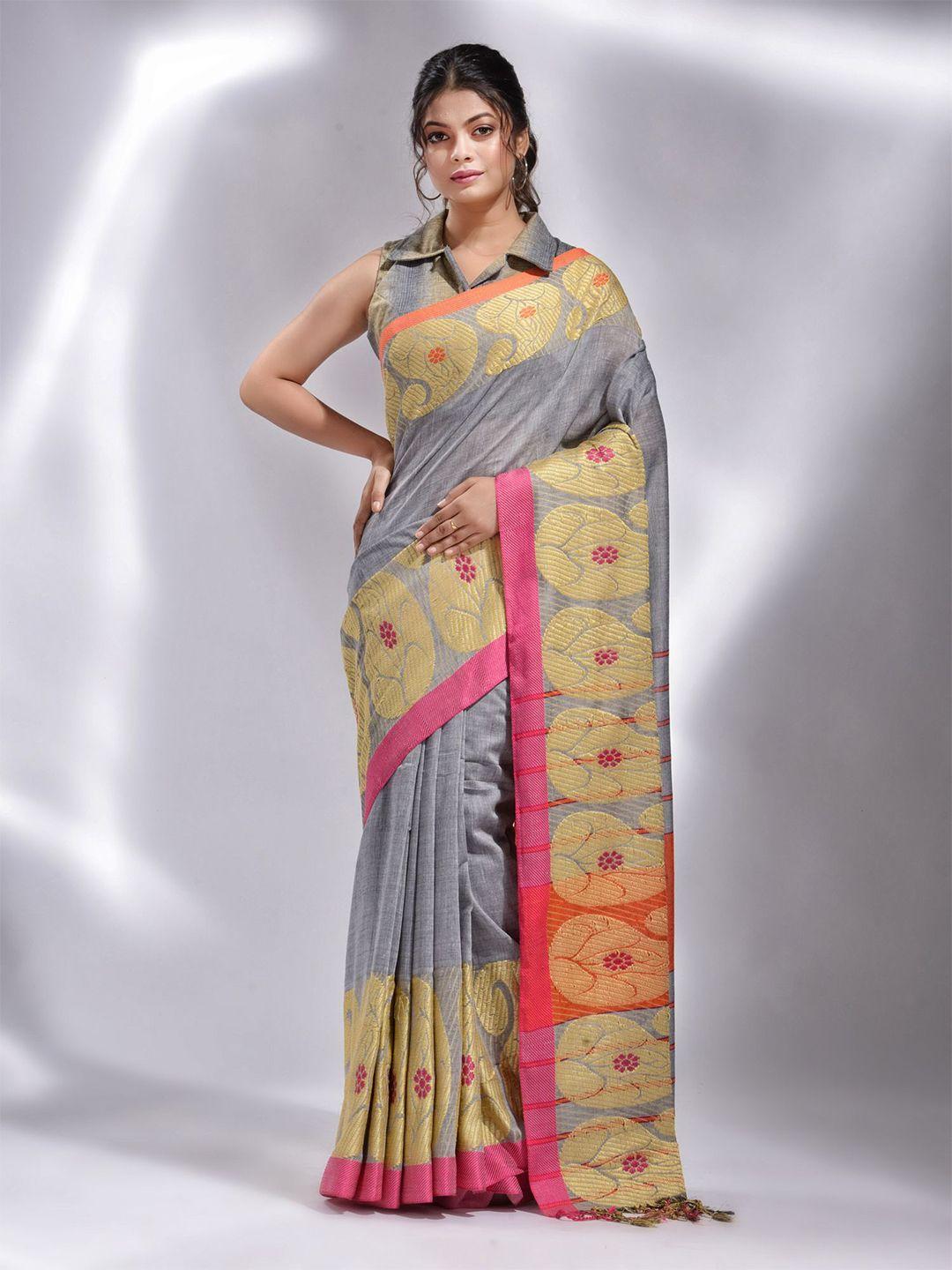 charukriti grey & pink woven design pure cotton saree