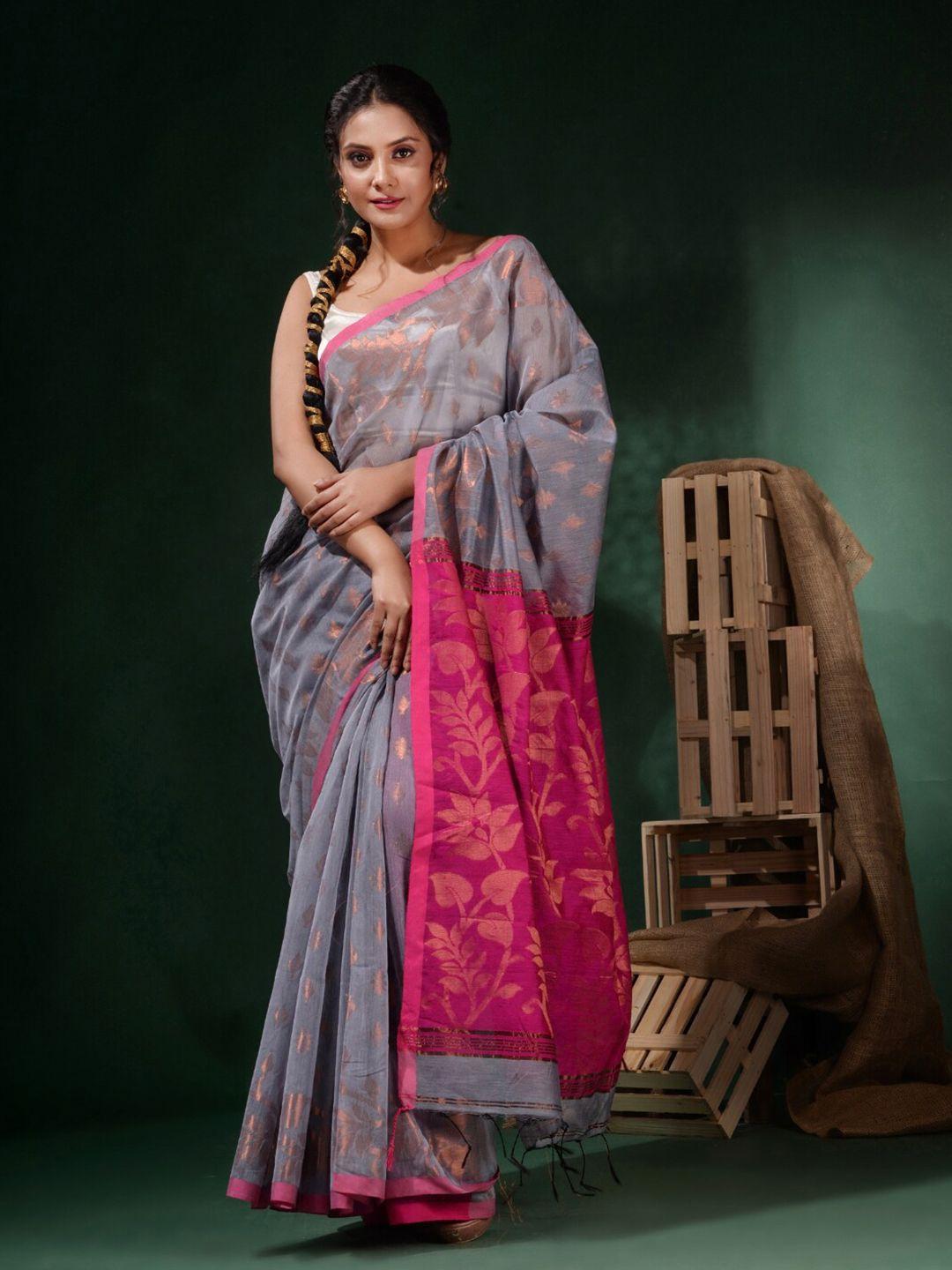 charukriti grey & pink woven design zari silk cotton saree
