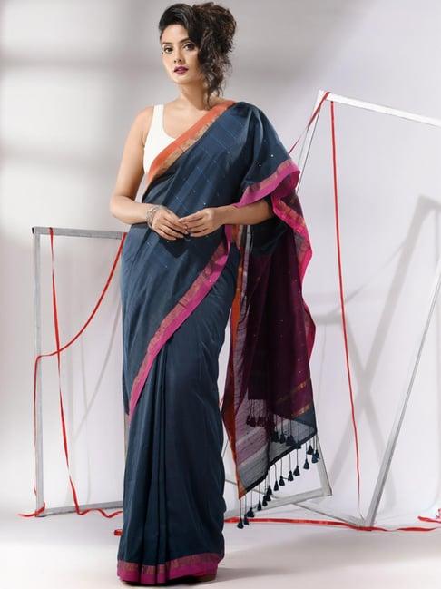 charukriti grey & purple cotton striped saree with unstitched blouse