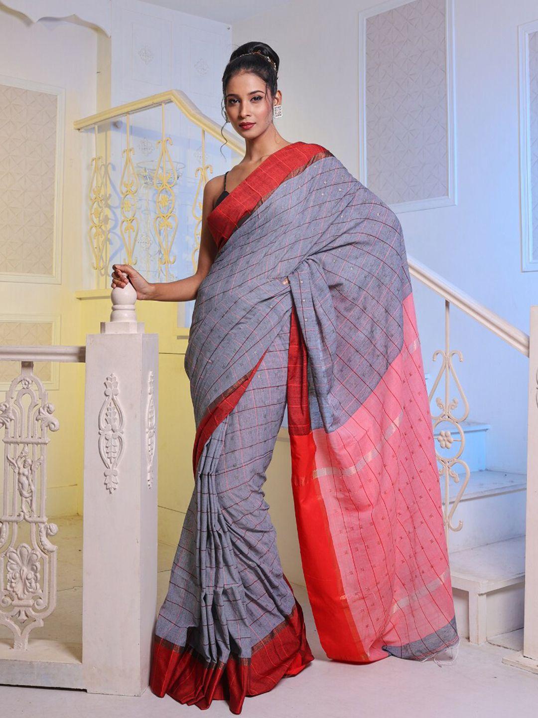 charukriti grey & red checked pure cotton saree