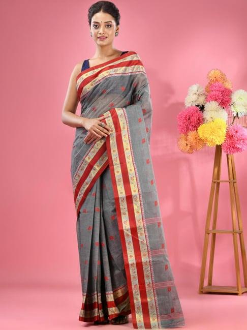 charukriti grey & red cotton woven saree without unstitched blouse