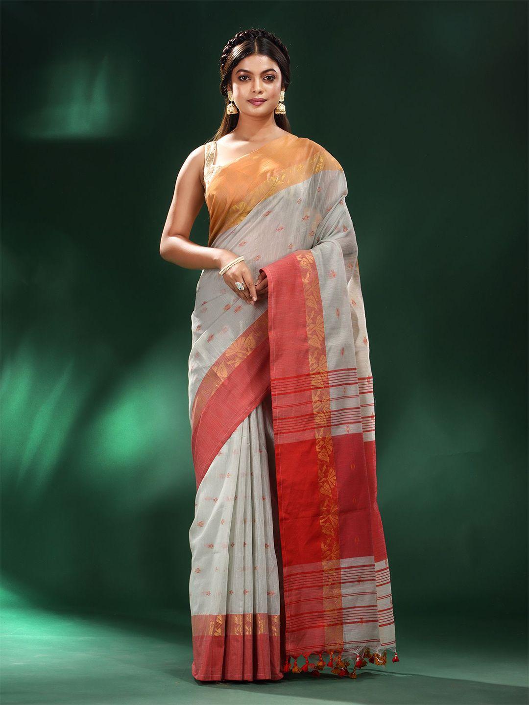charukriti grey & red ethnic motifs pure cotton saree