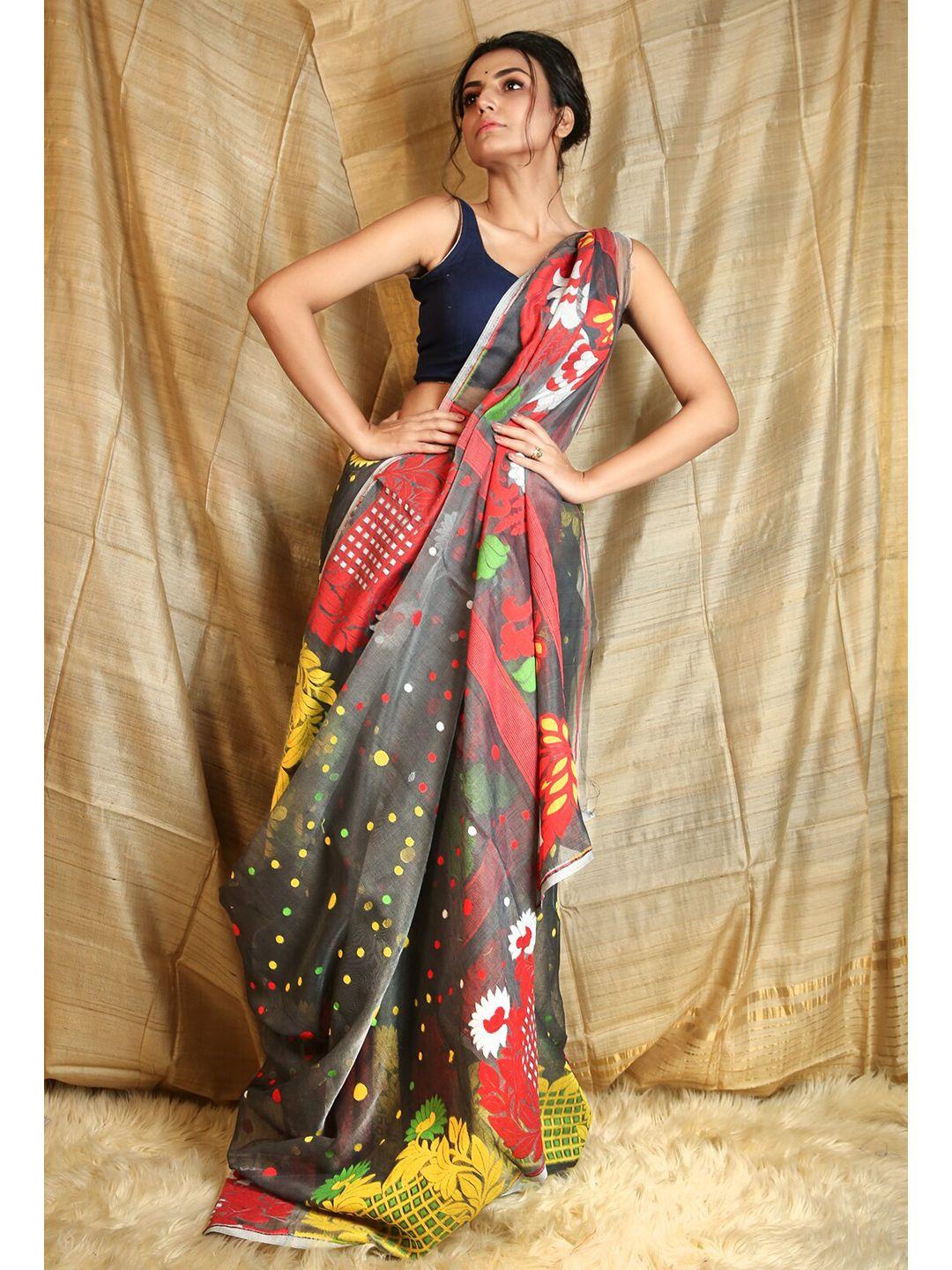 charukriti grey & red floral silk cotton jamdani saree